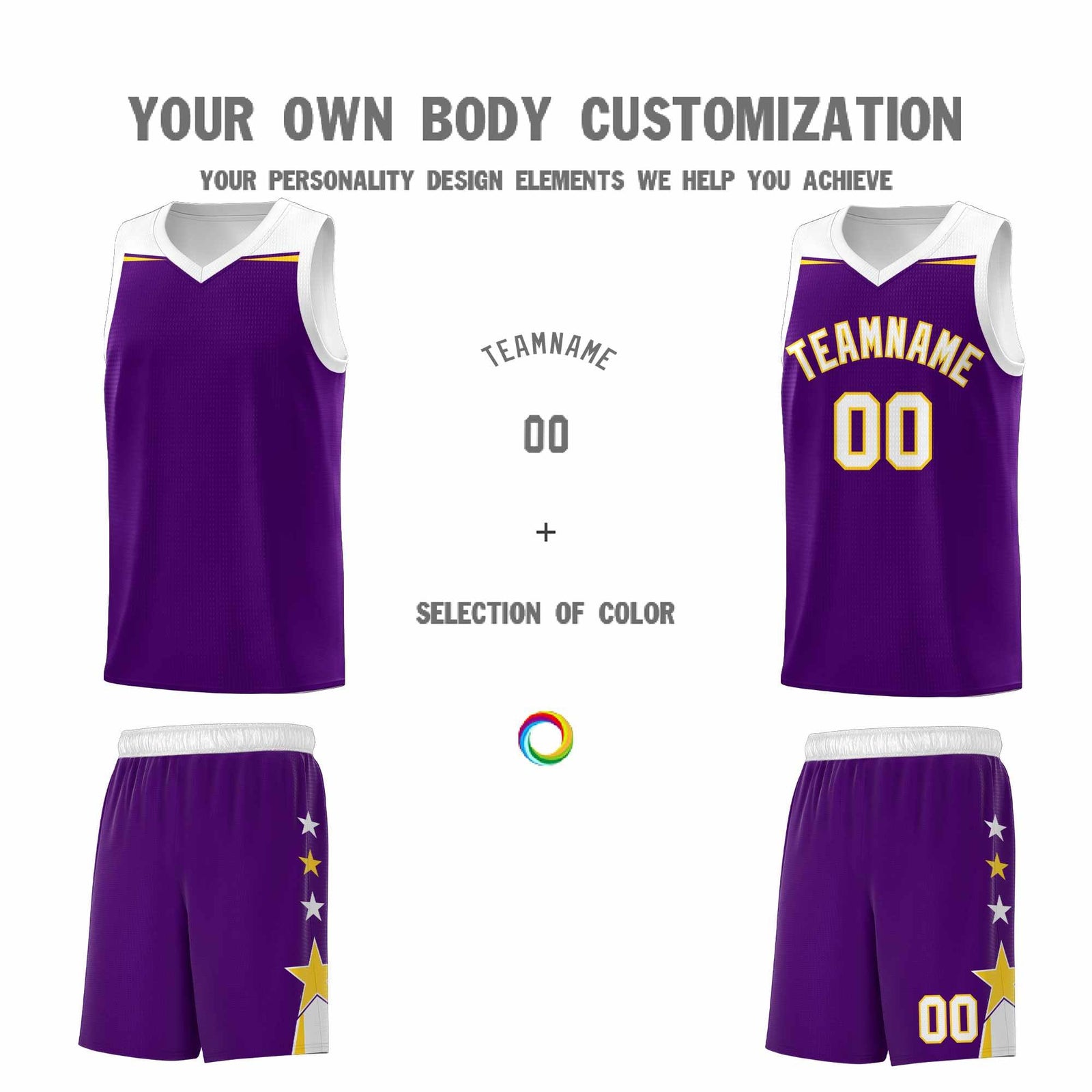 Custom Youth Basketball Uniform Purple White Two Tone Side Star Add Name Number & Logo
