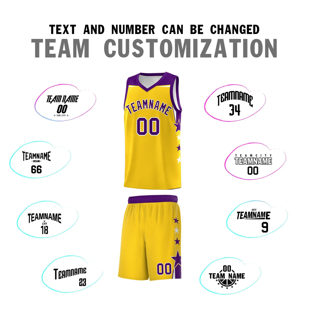 Custom Youth Basketball Uniform Gold Purple Two Tone Side Star Personalized Team Jersey