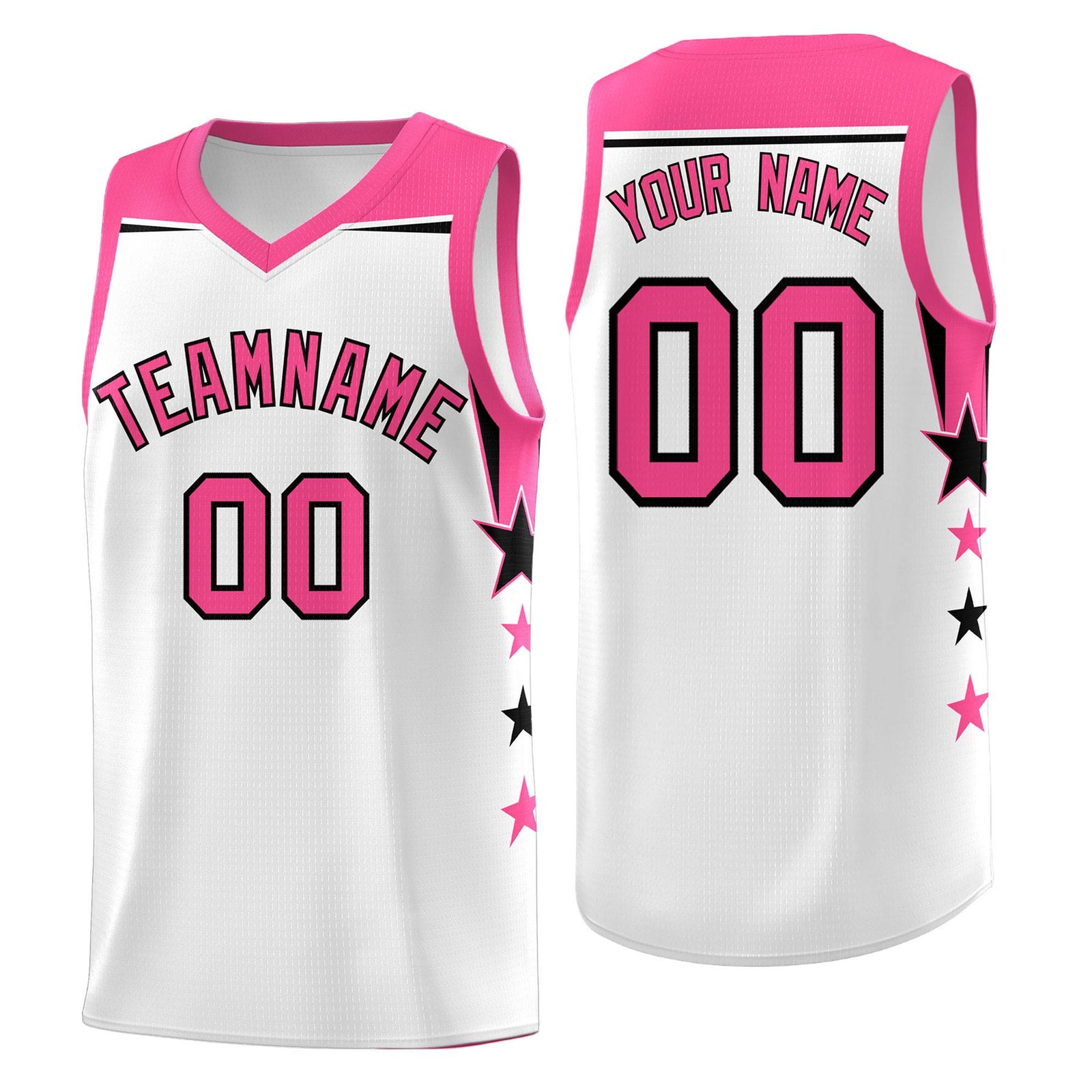 Custom Youth Basketball Uniform White Pink Two Tone Side Star Color Block Team Jersey