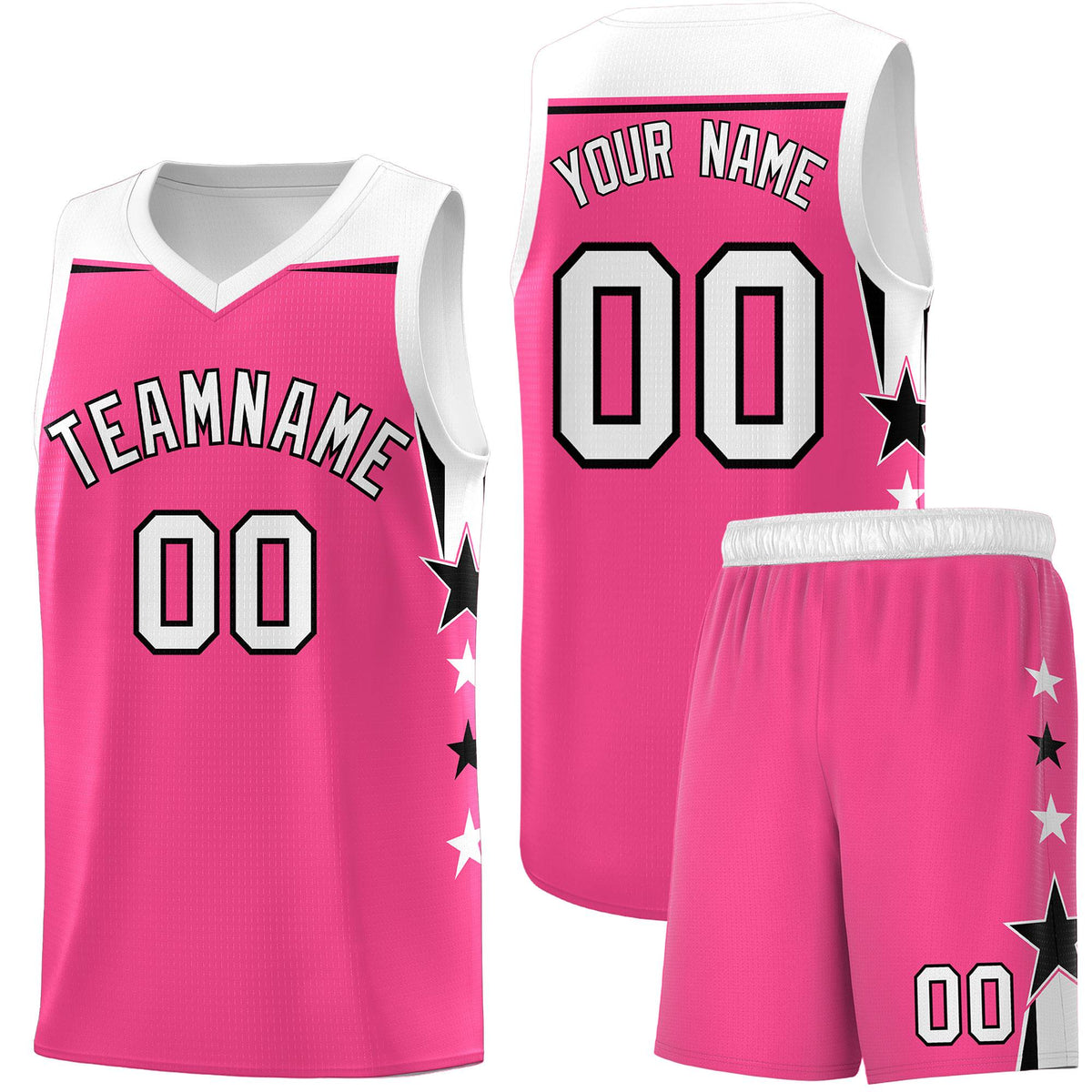 Custom Youth Basketball Uniform Pink White Two Tone Side Star Add Name Number & Logo