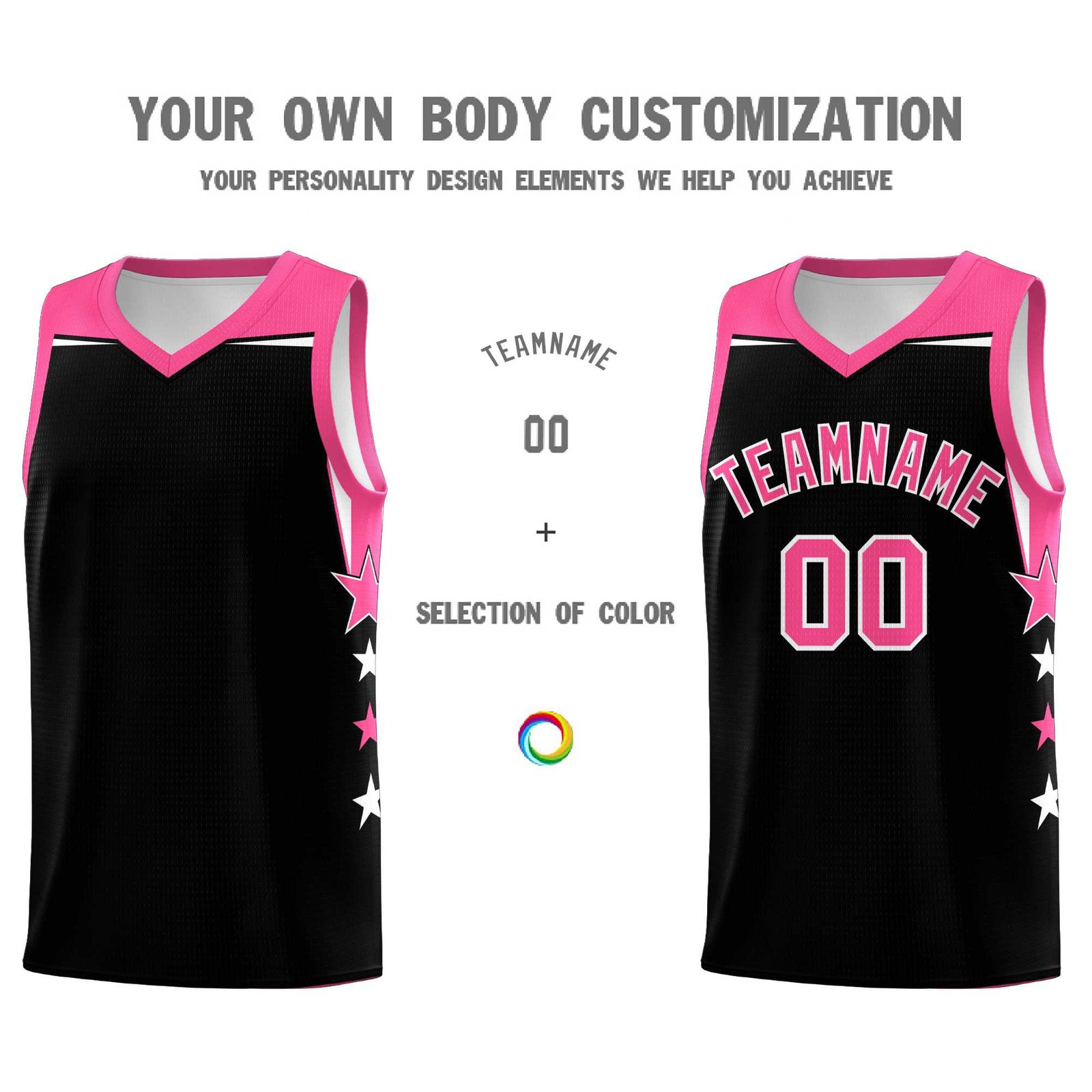 Custom Youth Basketball Uniform Black Pink Two Tone Side Star Personalized Team Jersey