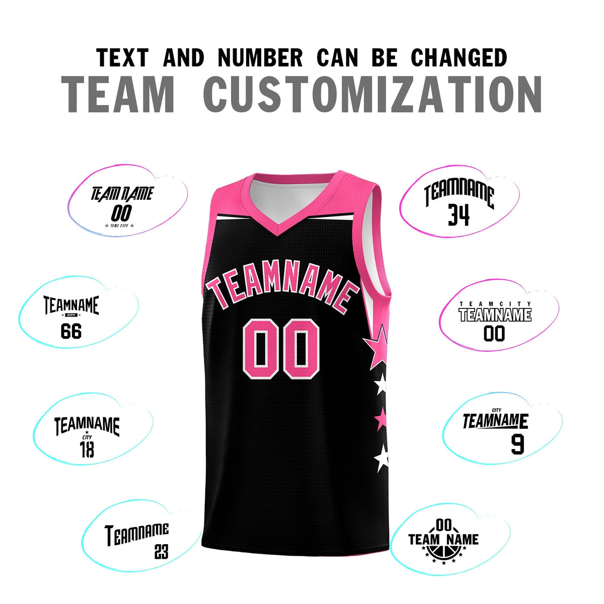Custom Youth Basketball Uniform Black Pink Two Tone Side Star Personalized Team Jersey