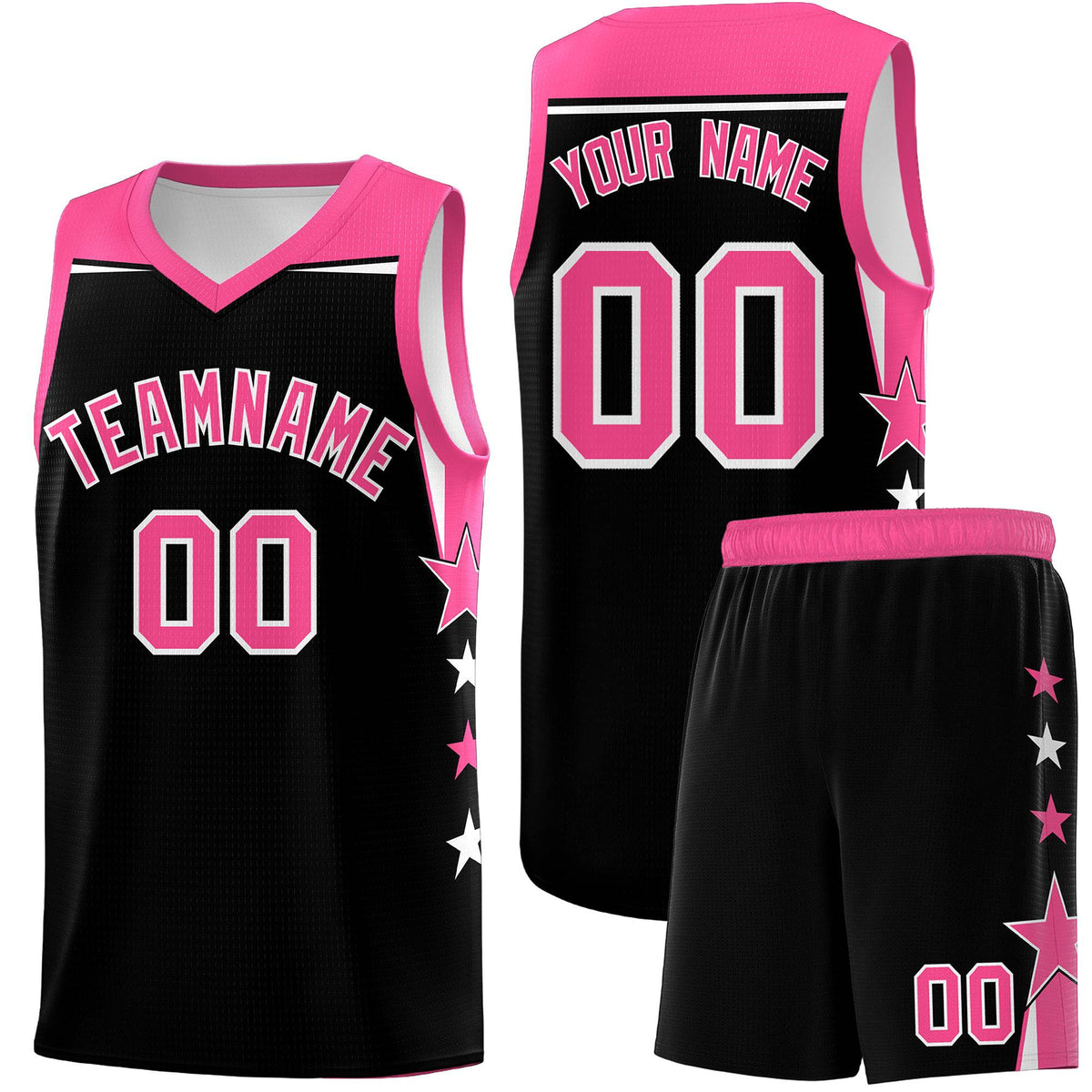 Custom Youth Basketball Uniform Black Pink Two Tone Side Star Personalized Team Jersey