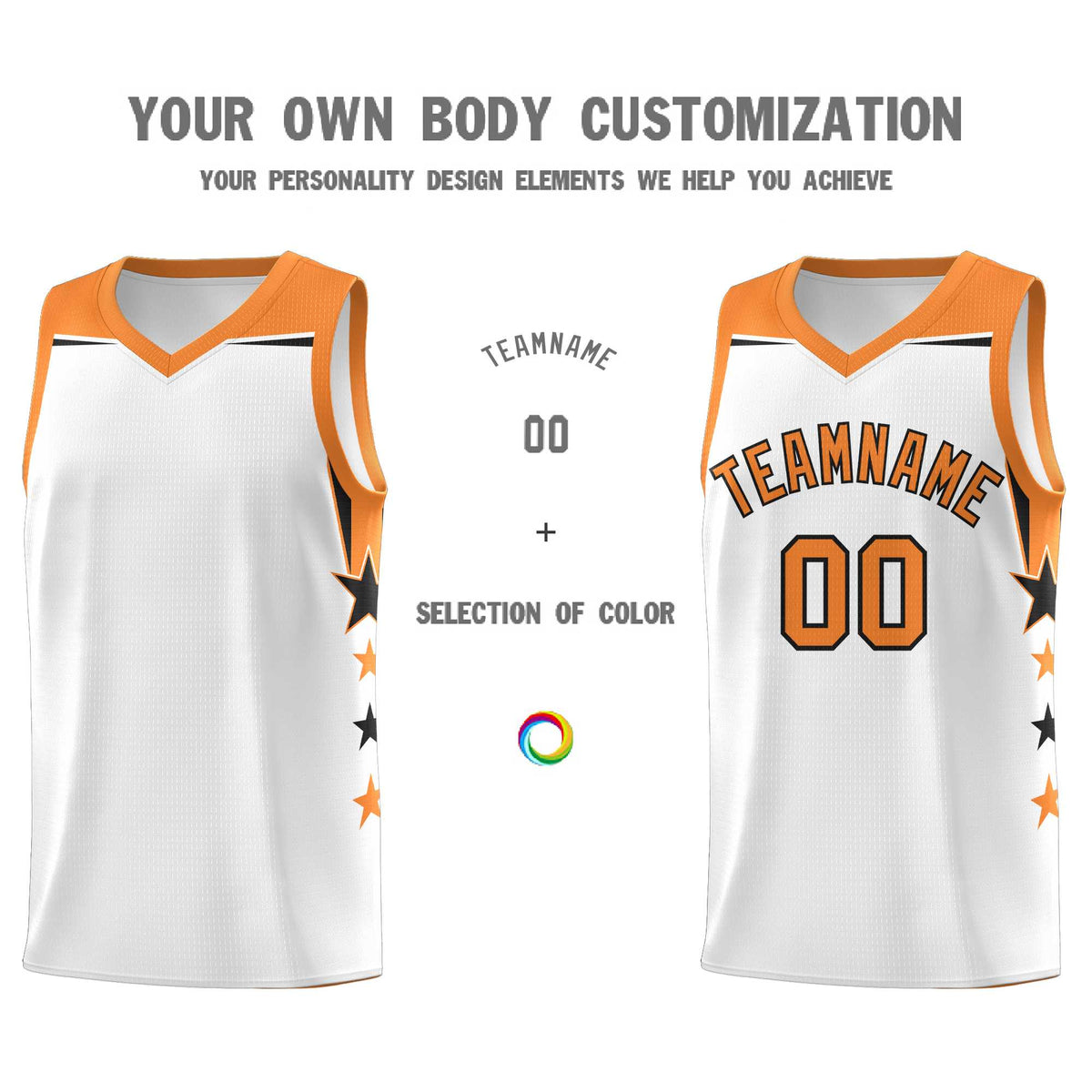 Custom Youth Basketball Uniform White Gold Orange Two Tone Side Star Color Block Team Jersey
