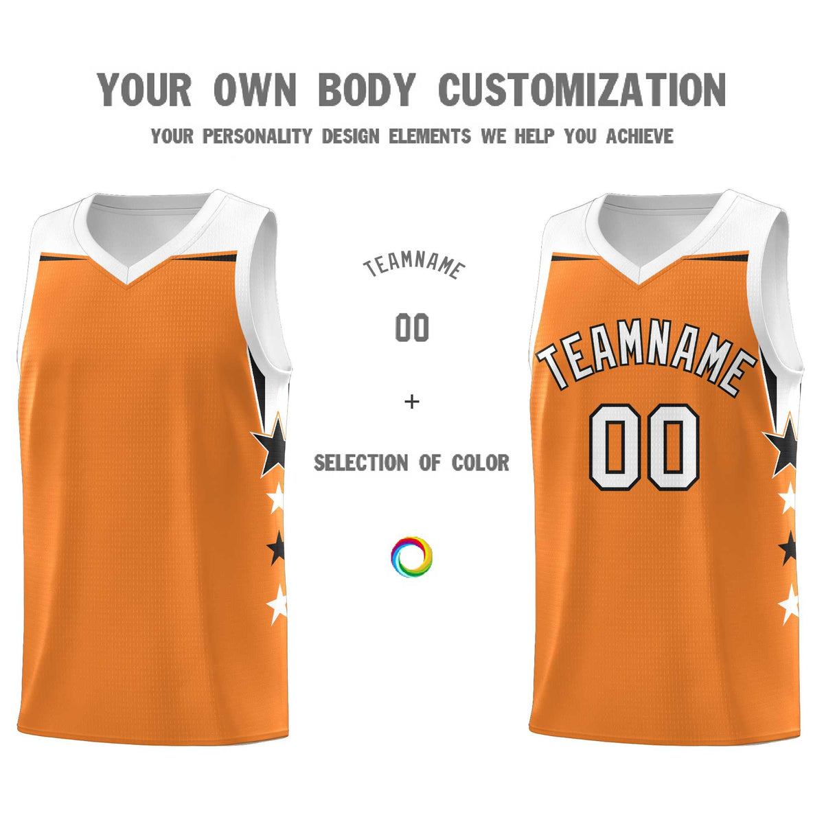 Custom Youth Basketball Uniform Gold Orange White Two Tone Side Star Add Name Number & Logo