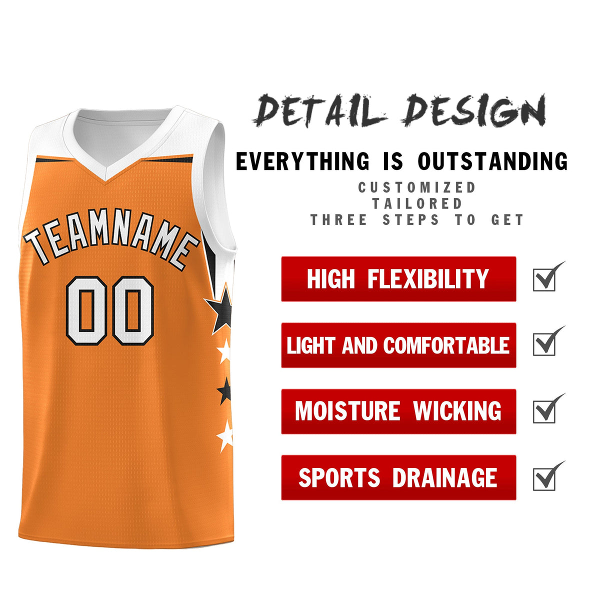 Custom Youth Basketball Uniform Gold Orange White Two Tone Side Star Add Name Number & Logo