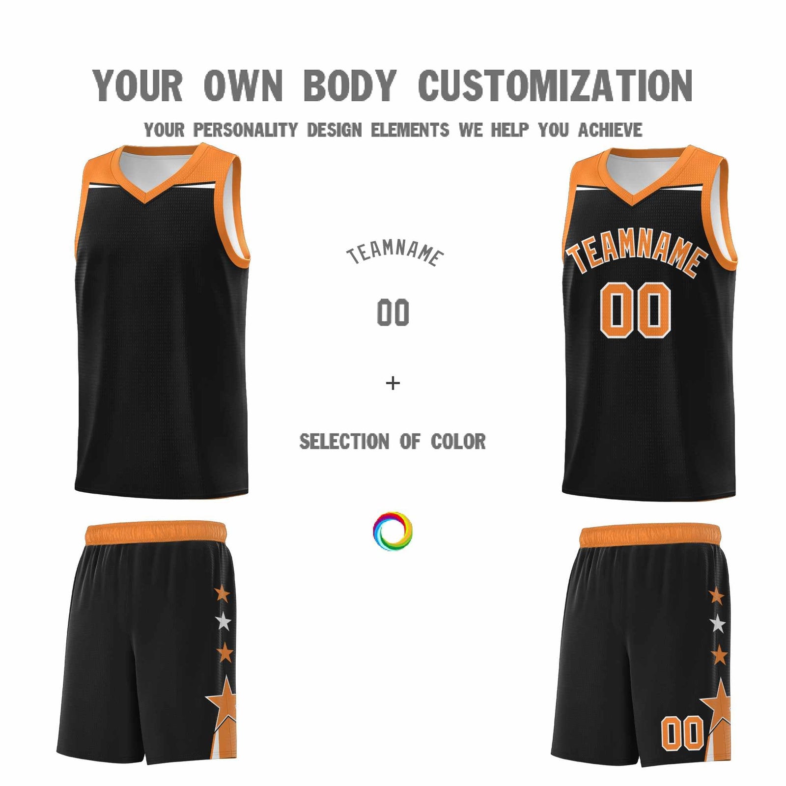 Custom Youth Basketball Uniform Black Gold Orange Two Tone Side Star Personalized Team Jersey