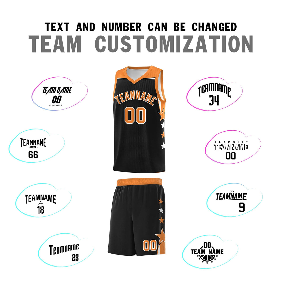 Custom Youth Basketball Uniform Black Gold Orange Two Tone Side Star Personalized Team Jersey