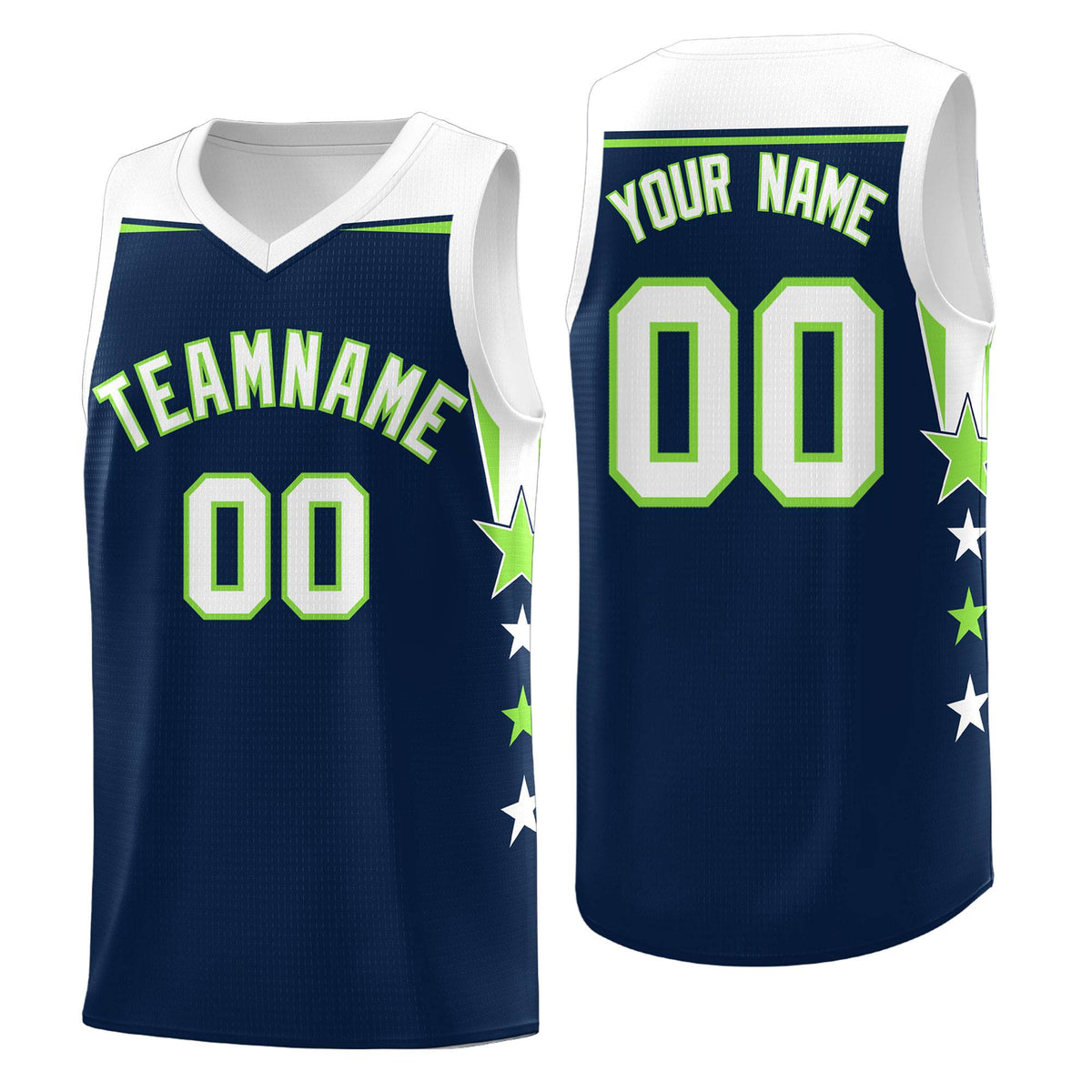 Custom Youth Basketball Uniform Navy White Two Tone Side Star Add Name Number & Logo