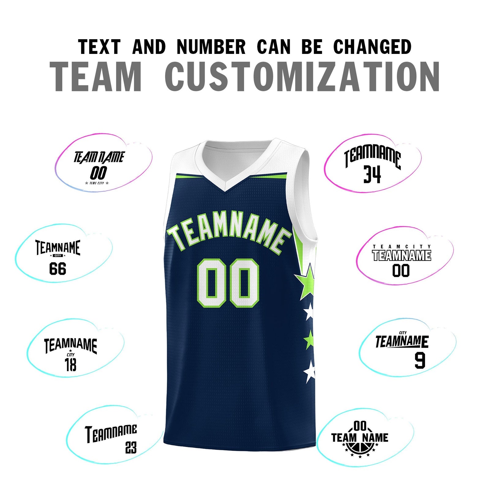 Custom Youth Basketball Uniform Navy White Two Tone Side Star Add Name Number & Logo