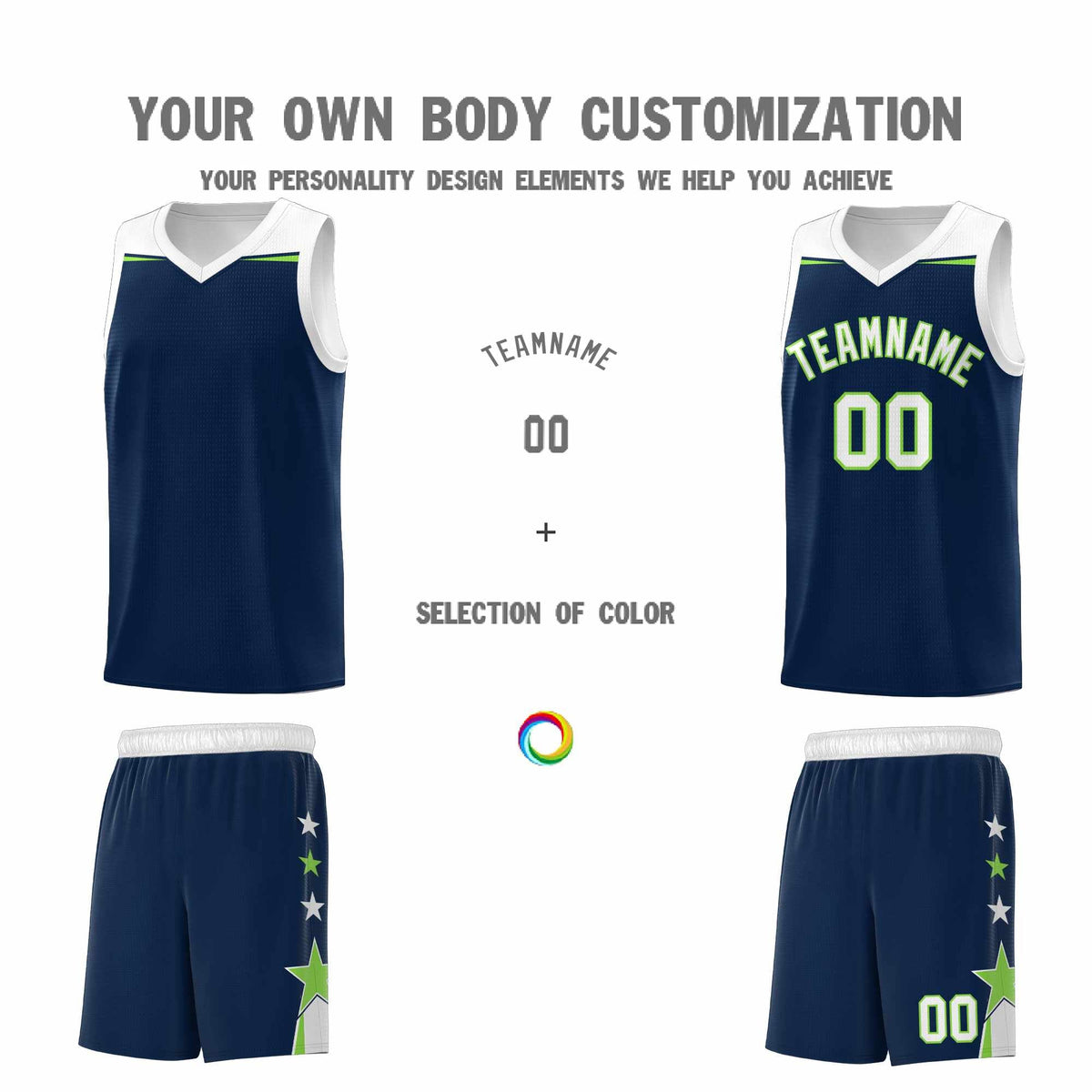 Custom Youth Basketball Uniform Navy White Two Tone Side Star Add Name Number & Logo