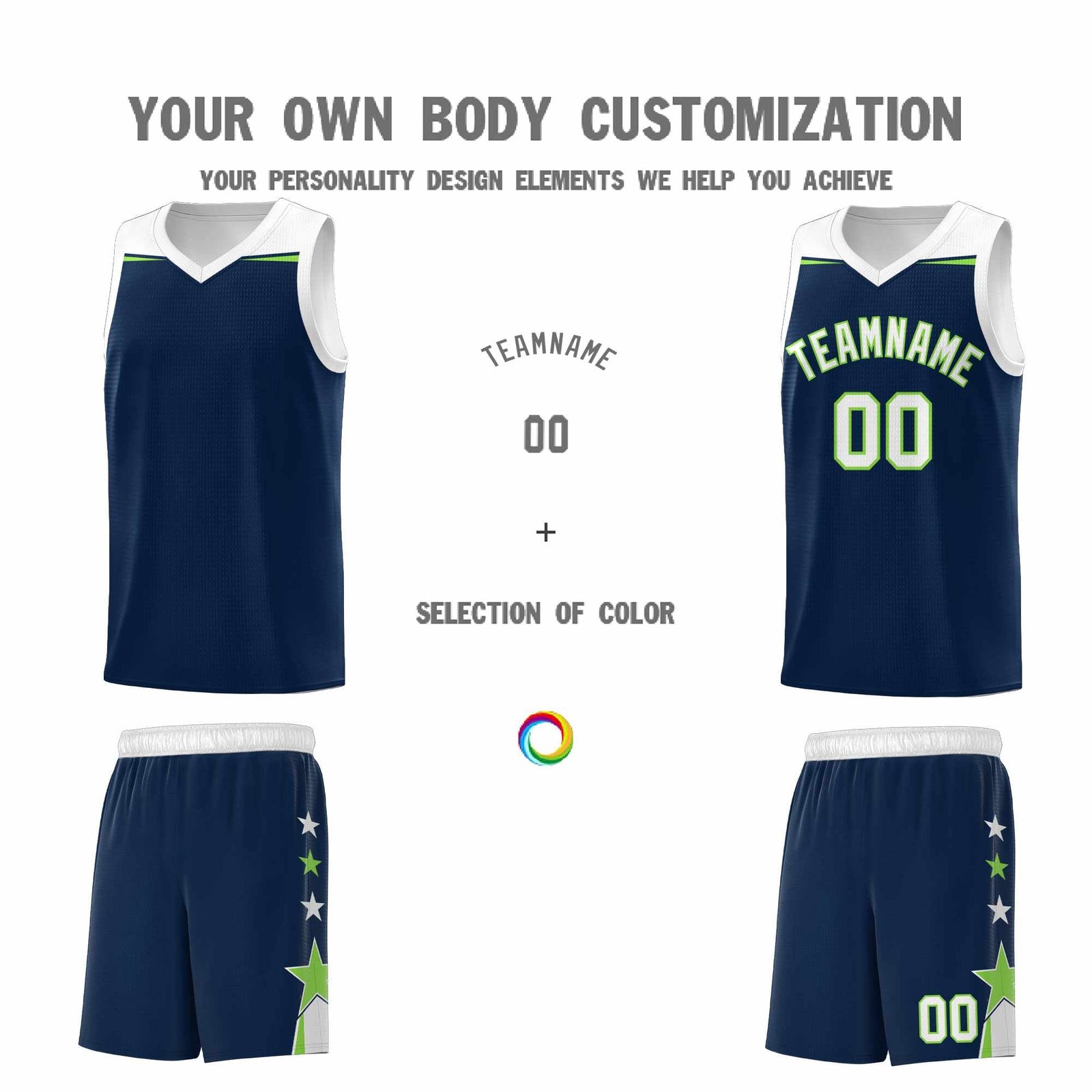 Custom Youth Basketball Uniform Navy White Two Tone Side Star Add Name Number & Logo