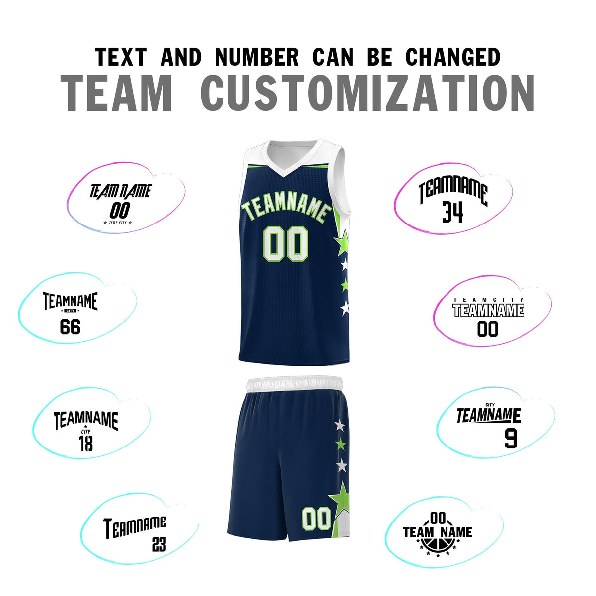Custom Youth Basketball Uniform Navy White Two Tone Side Star Add Name Number & Logo