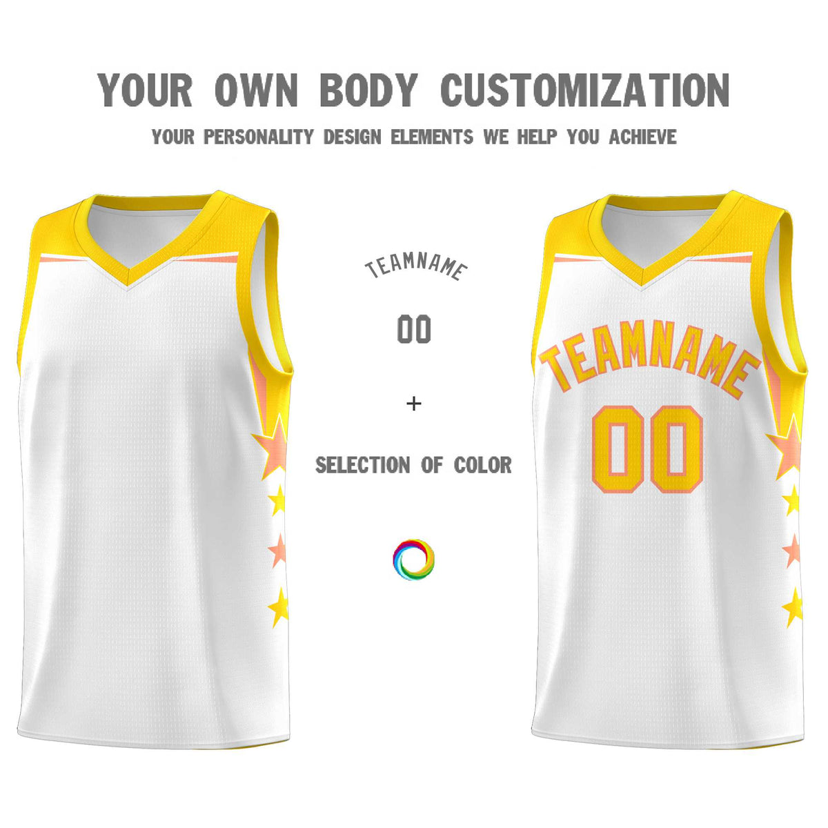 Custom Youth Basketball Uniform White Gold Two Tone Side Star Add Name Number & Logo