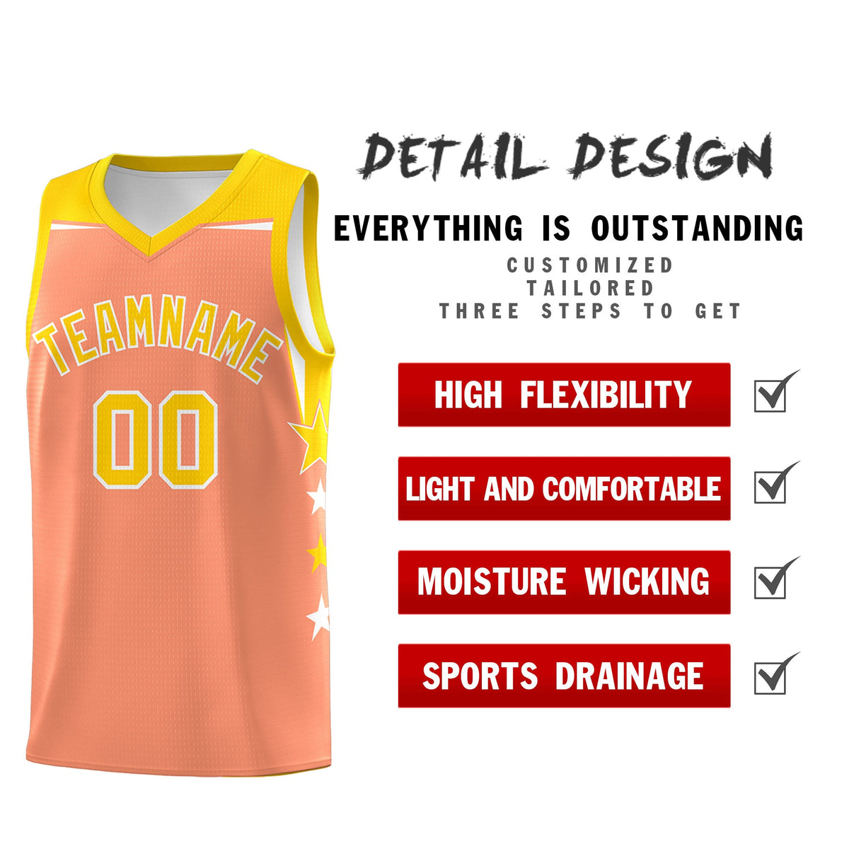 Custom Youth Basketball Uniform Light Orange Gold Two Tone Side Star Personalized Team Jersey