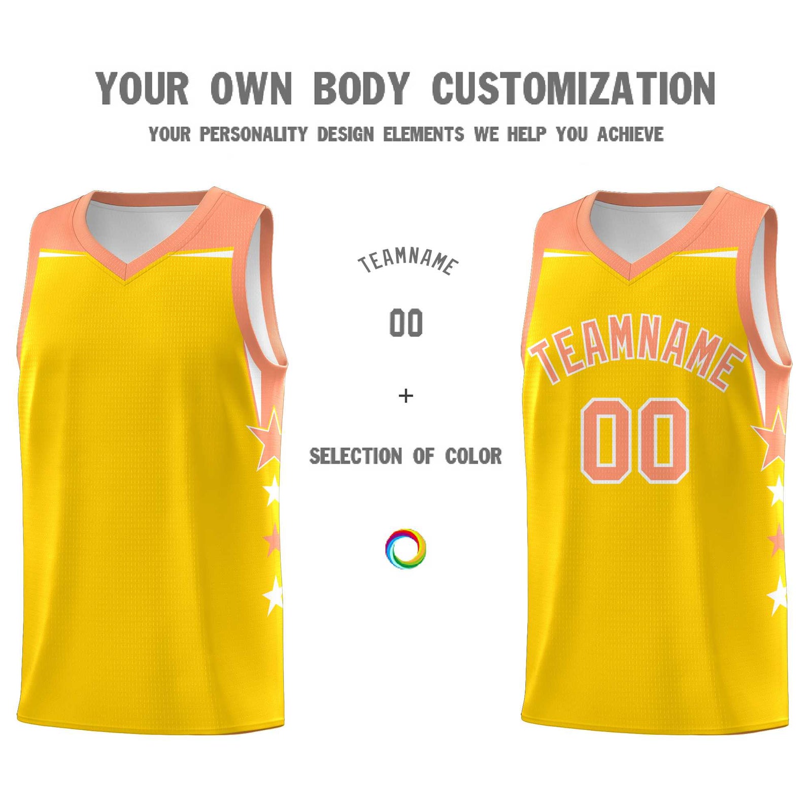 Custom Youth Basketball Uniform Gold Light Orange Two Tone Side Star Color Block Team Jersey