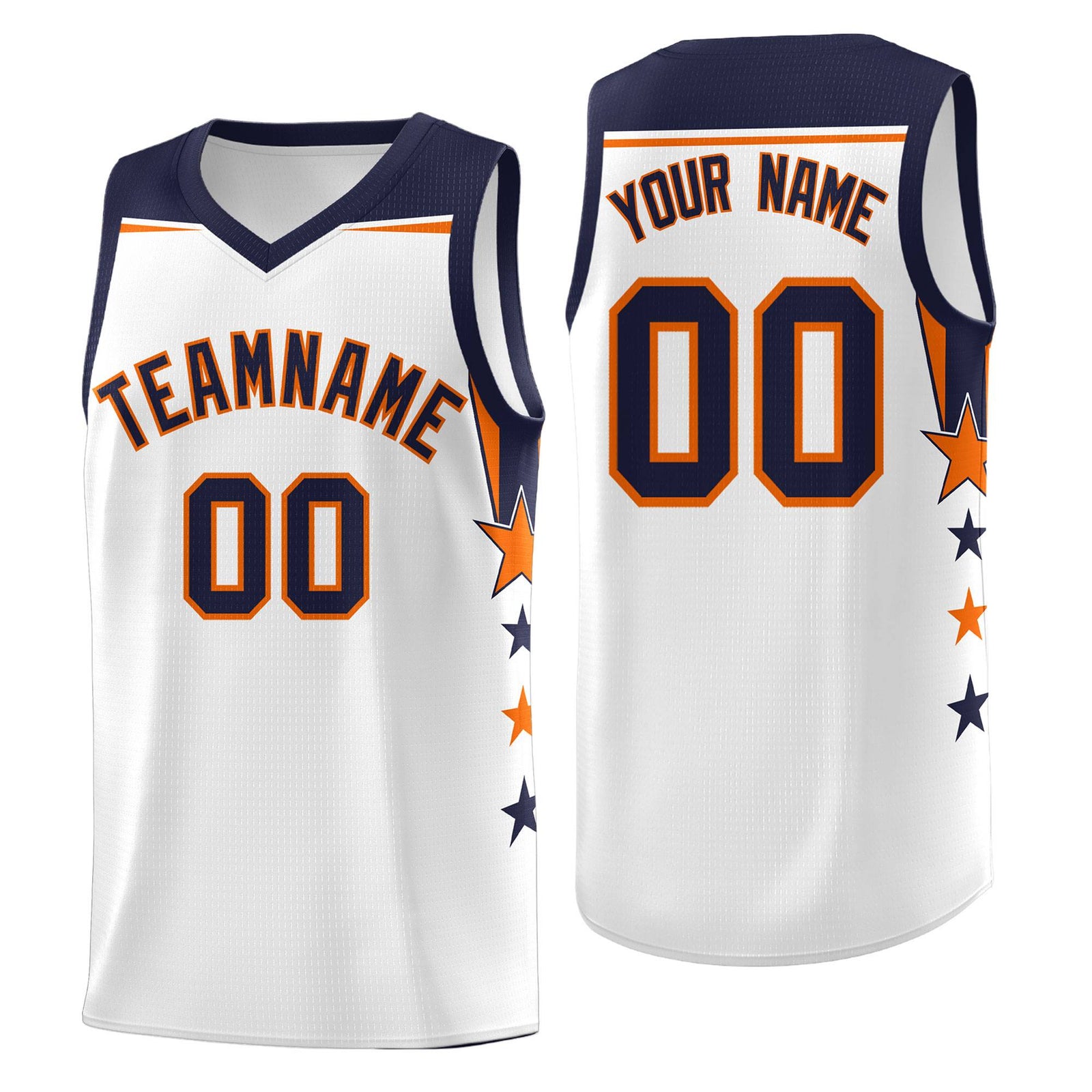 Custom Youth Basketball Uniform White Navy Two Tone Side Star Add Name Number & Logo