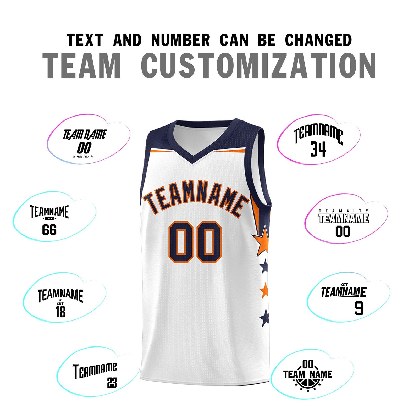 Custom Youth Basketball Uniform White Navy Two Tone Side Star Add Name Number & Logo