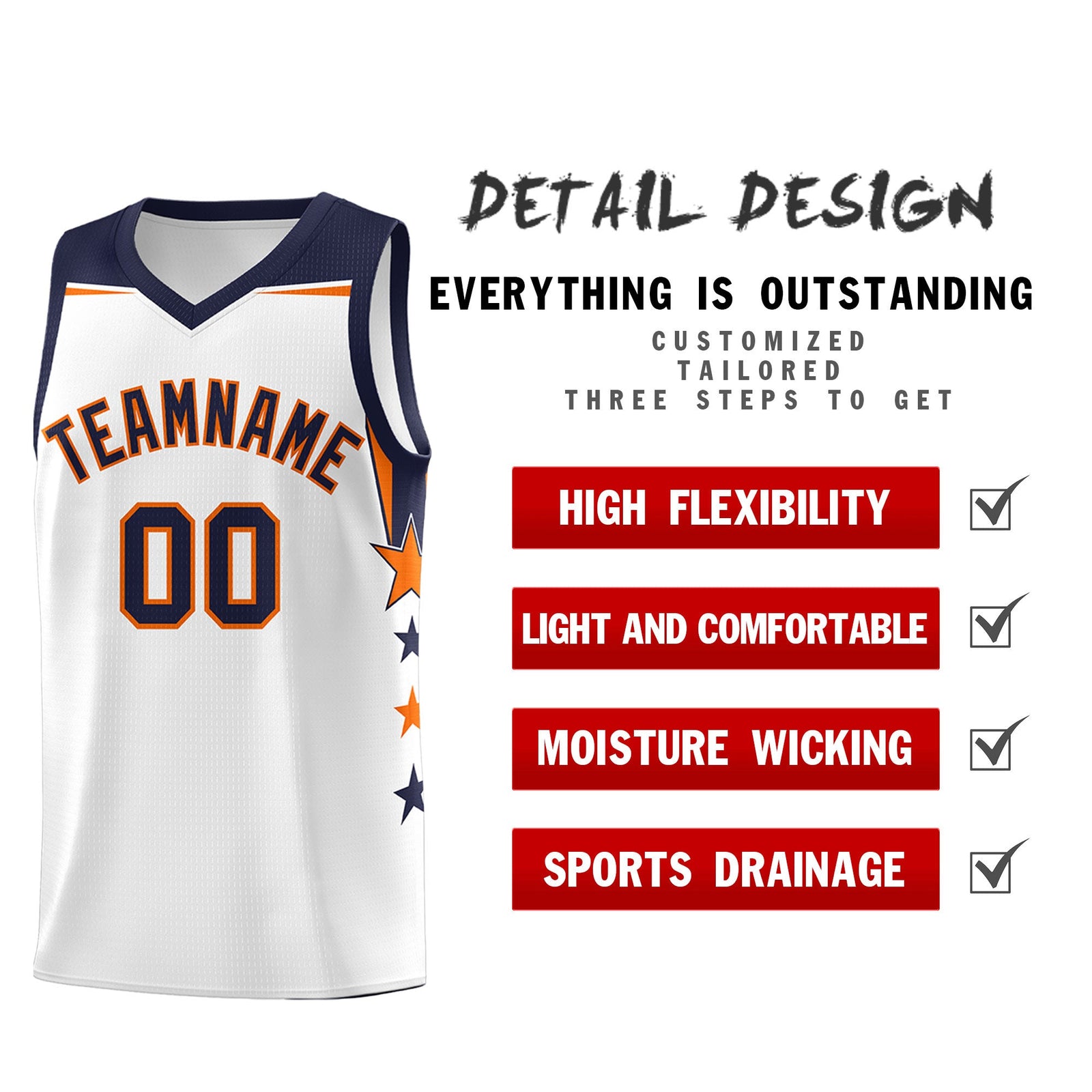 Custom Youth Basketball Uniform White Navy Two Tone Side Star Add Name Number & Logo
