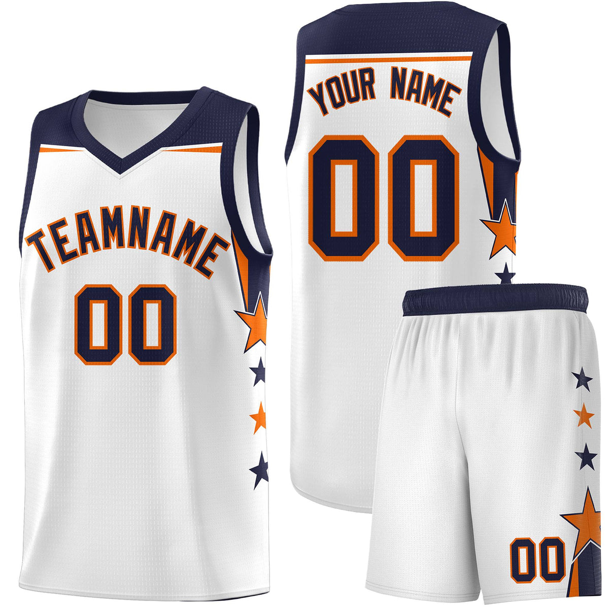 Custom Youth Basketball Uniform White Navy Two Tone Side Star Add Name Number & Logo