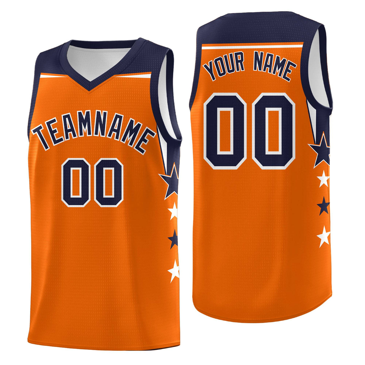 Custom Youth Basketball Uniform Orange Navy Two Tone Side Star Color Block Team Jersey