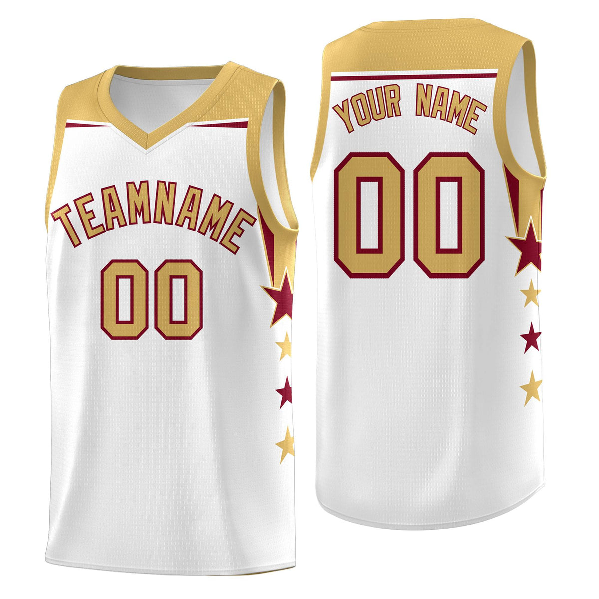 Custom Youth Basketball Uniform White Old Gold Two Tone Side Star Add Name Number & Logo