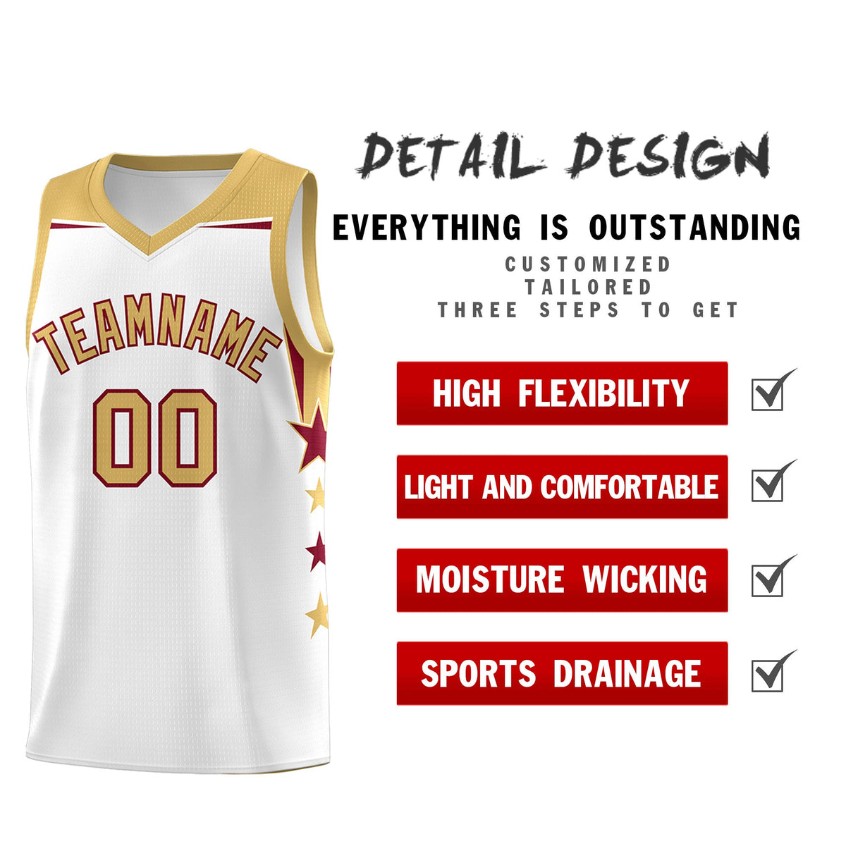 Custom Youth Basketball Uniform White Old Gold Two Tone Side Star Add Name Number & Logo