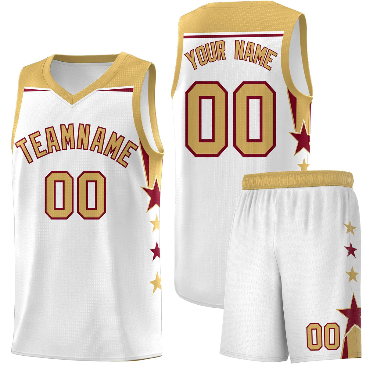 Custom Youth Basketball Uniform White Old Gold Two Tone Side Star Add Name Number & Logo