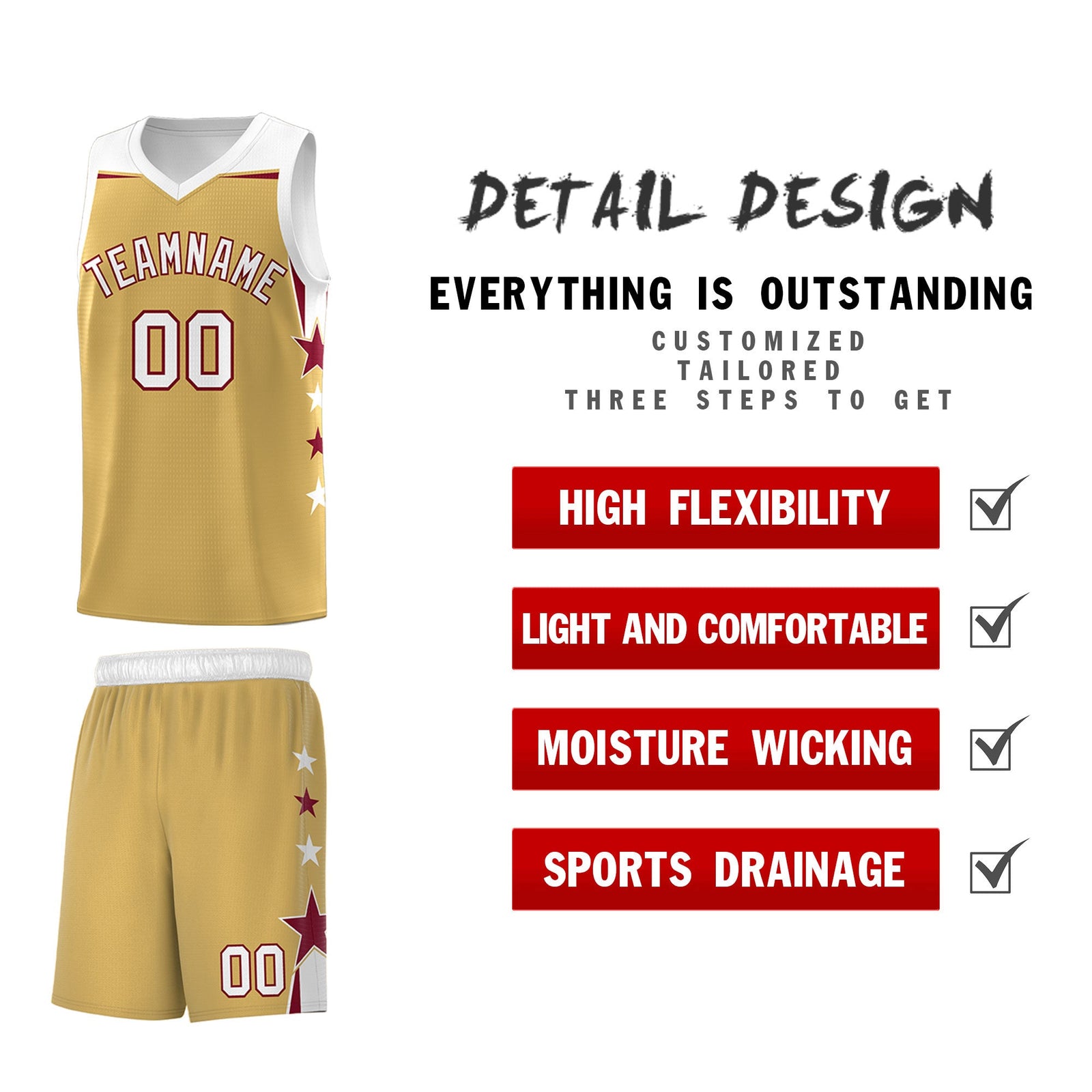 Custom Youth Basketball Uniform Old Gold White Two Tone Side Star Personalized Team Jersey