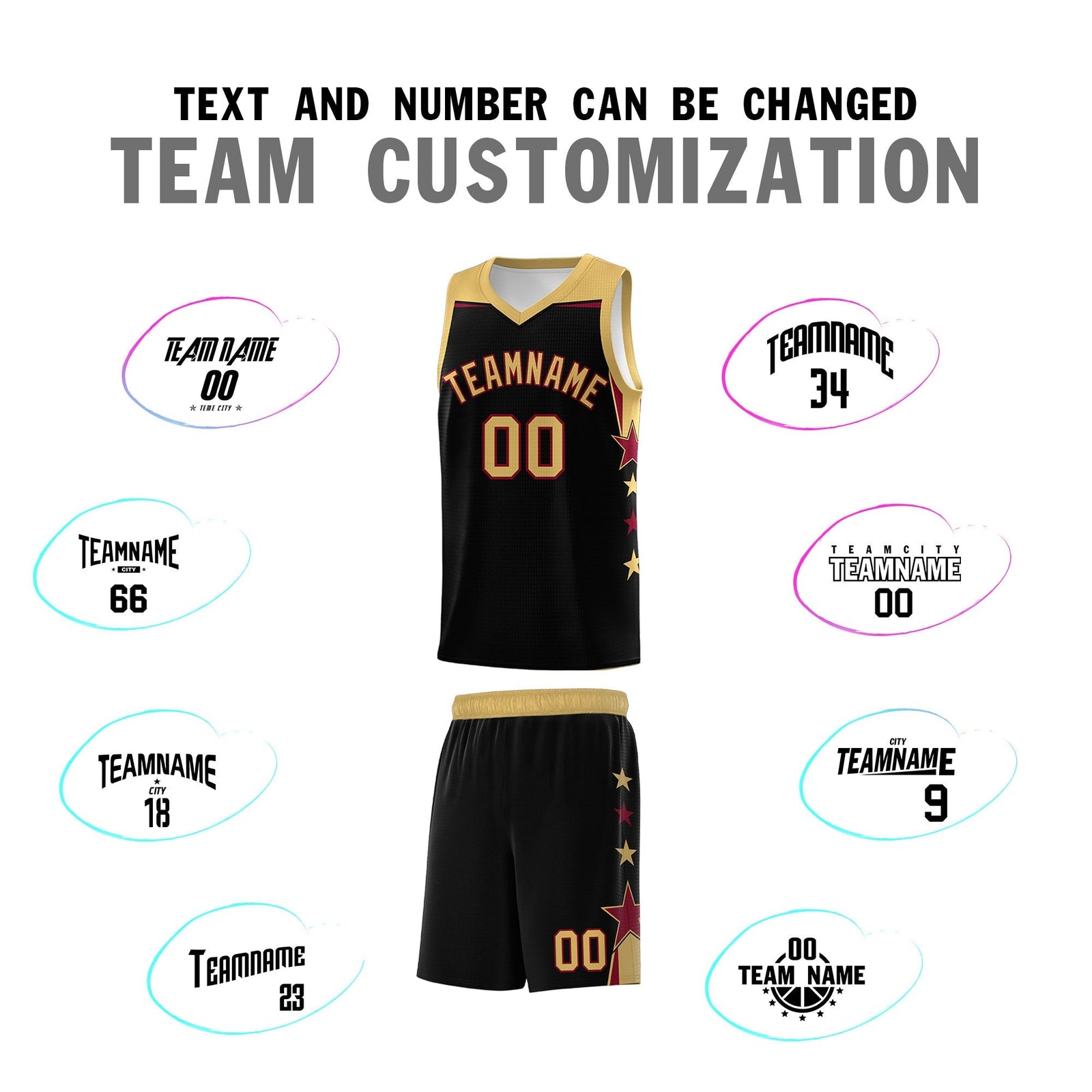 Custom Youth Basketball Uniform Black Old Gold Two Tone Side Star Add Name Number & Logo
