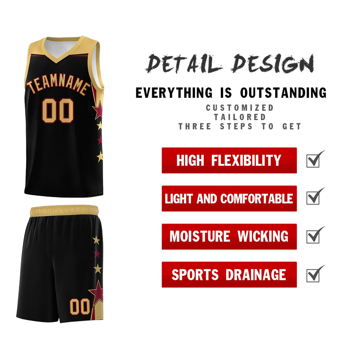 Custom Youth Basketball Uniform Black Old Gold Two Tone Side Star Add Name Number & Logo