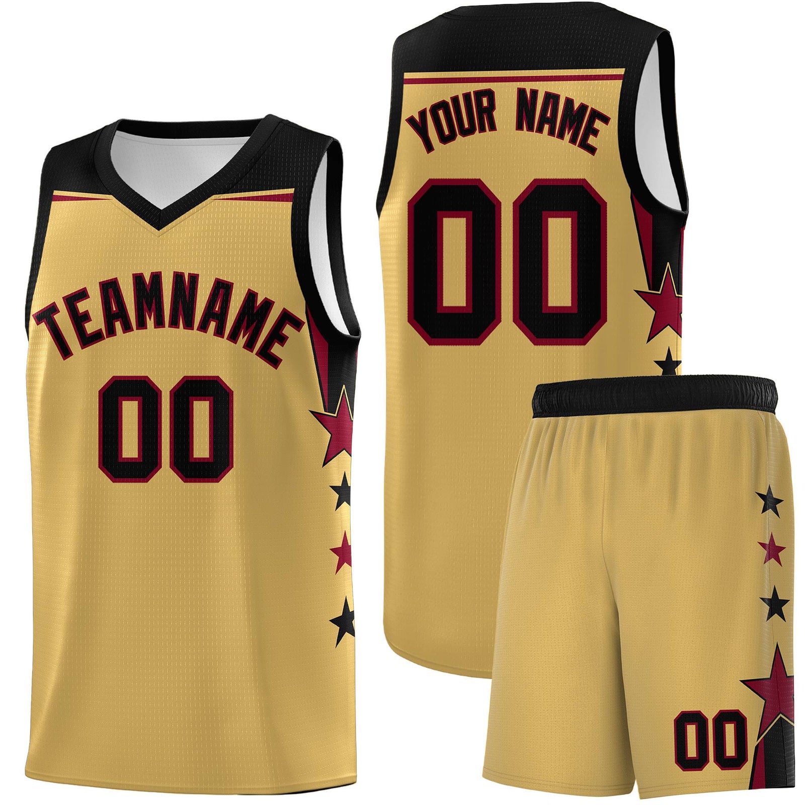 Custom Youth Basketball Uniform Old Gold Black Two Tone Side Star Personalized Team Jersey