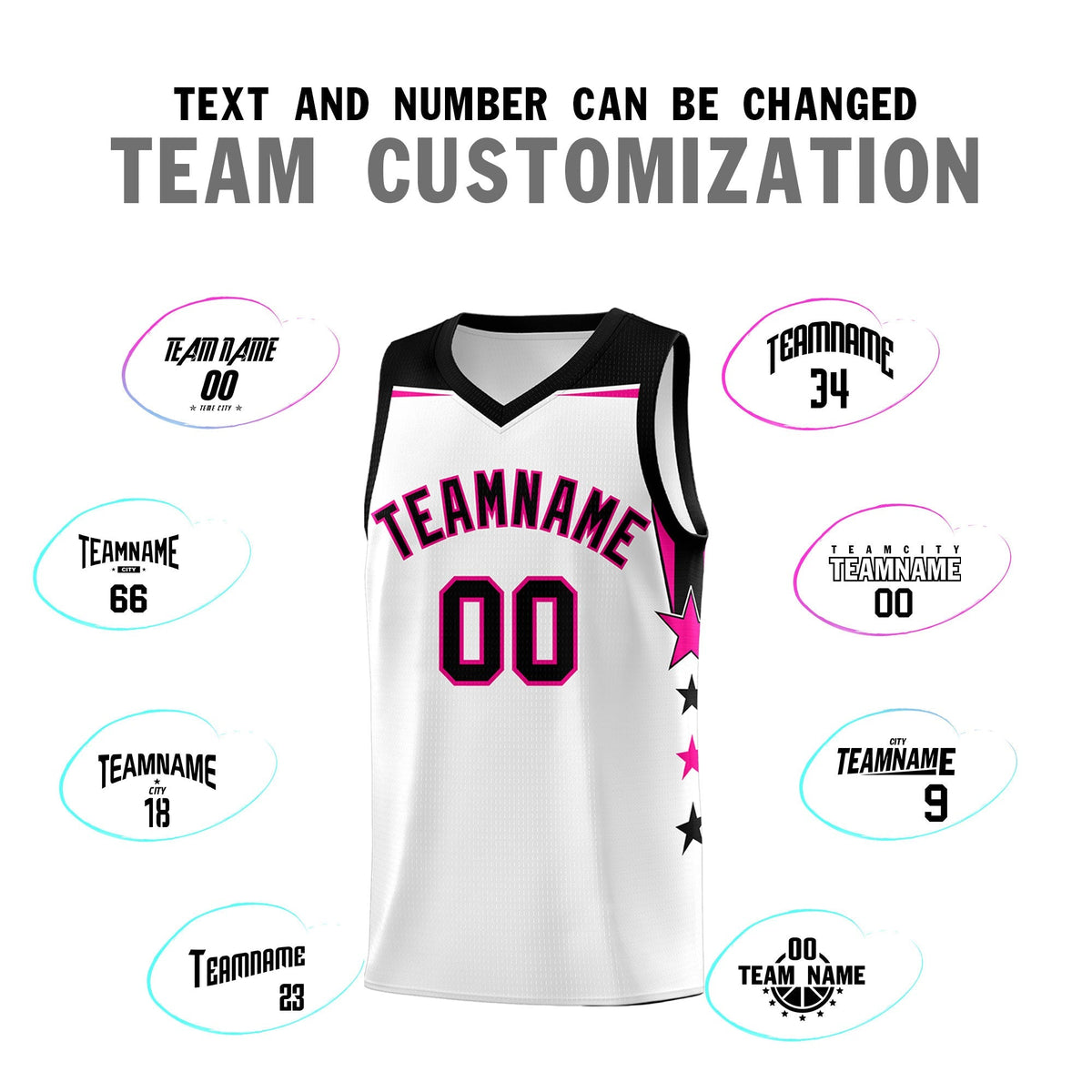 Custom Youth Basketball Uniform White Black Two Tone Side Star Add Name Number & Logo