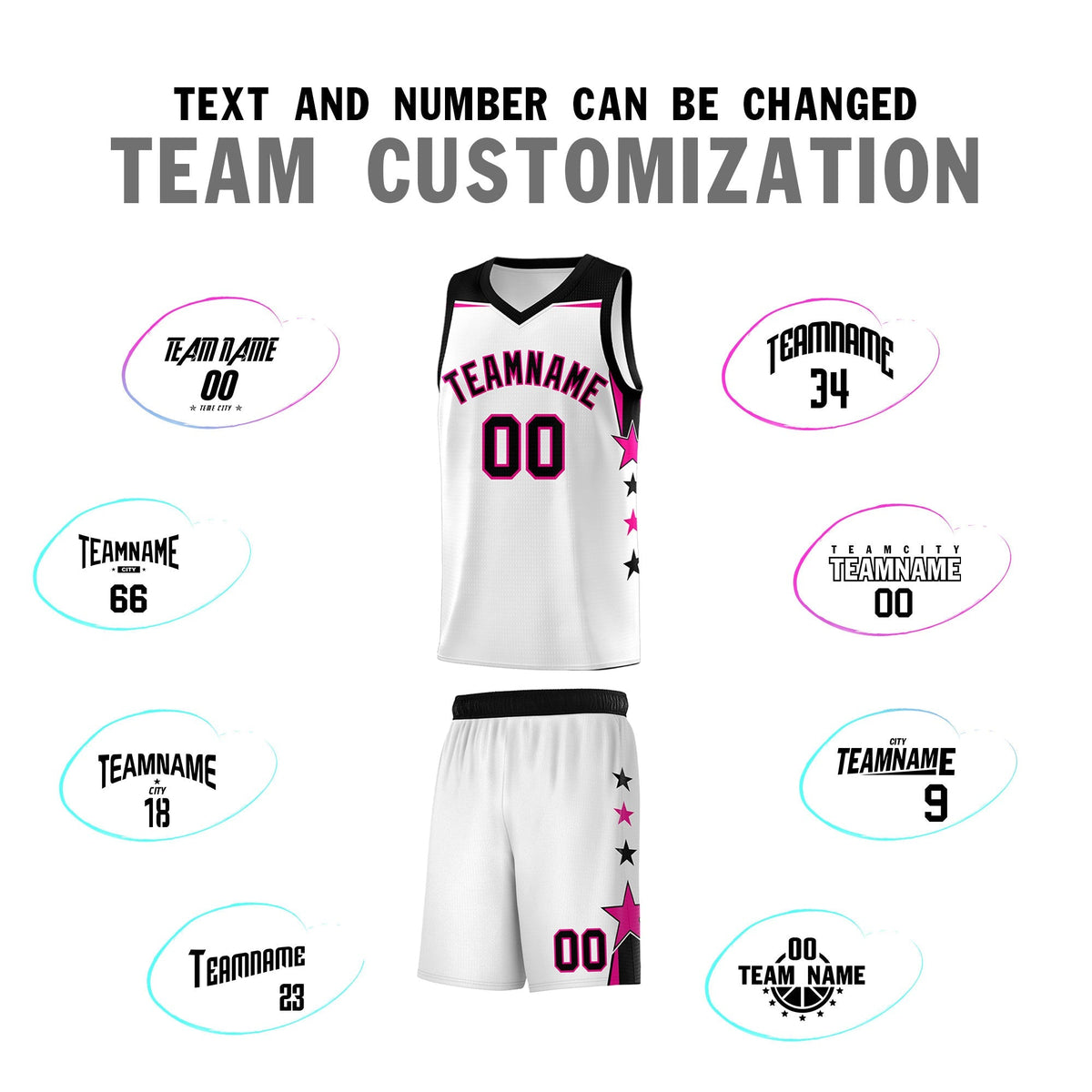 Custom Youth Basketball Uniform White Black Two Tone Side Star Add Name Number & Logo