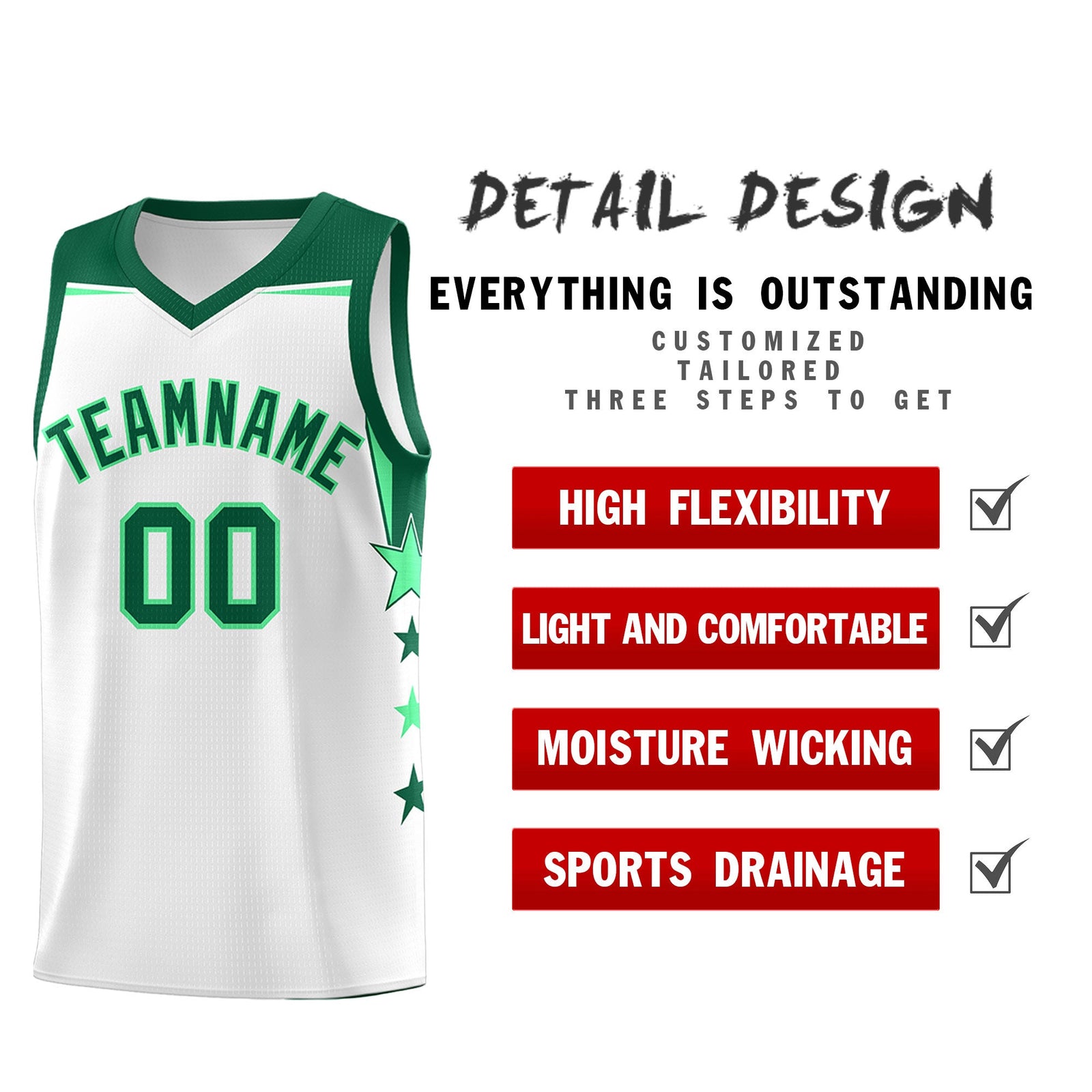 Custom Youth Basketball Uniform White Kelly Green Two Tone Side Star Add Name Number & Logo
