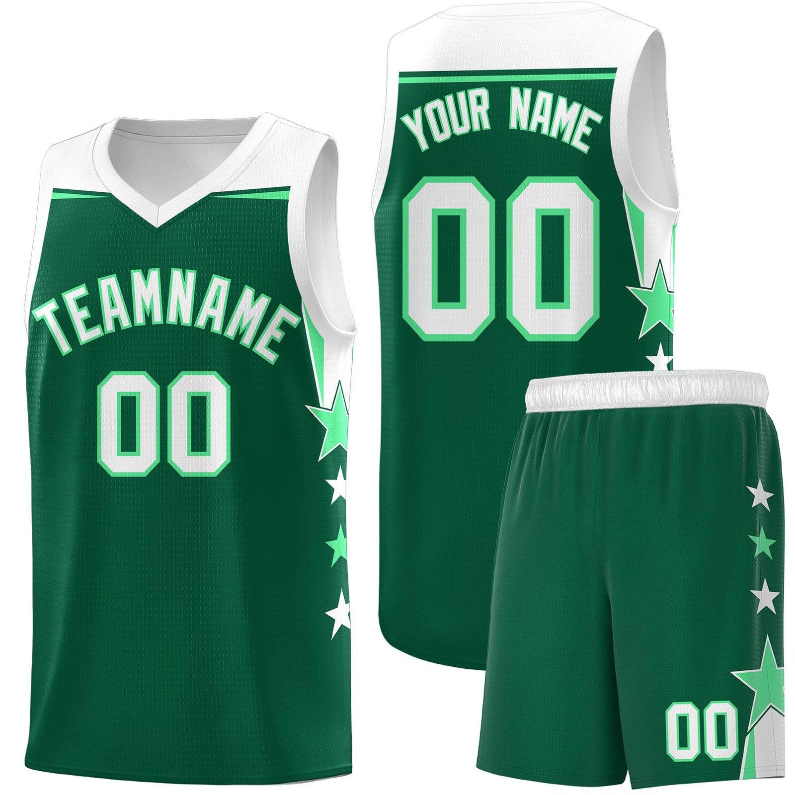 Custom Youth Basketball Uniform Kelly Green White Two Tone Side Star Personalized Team Jersey