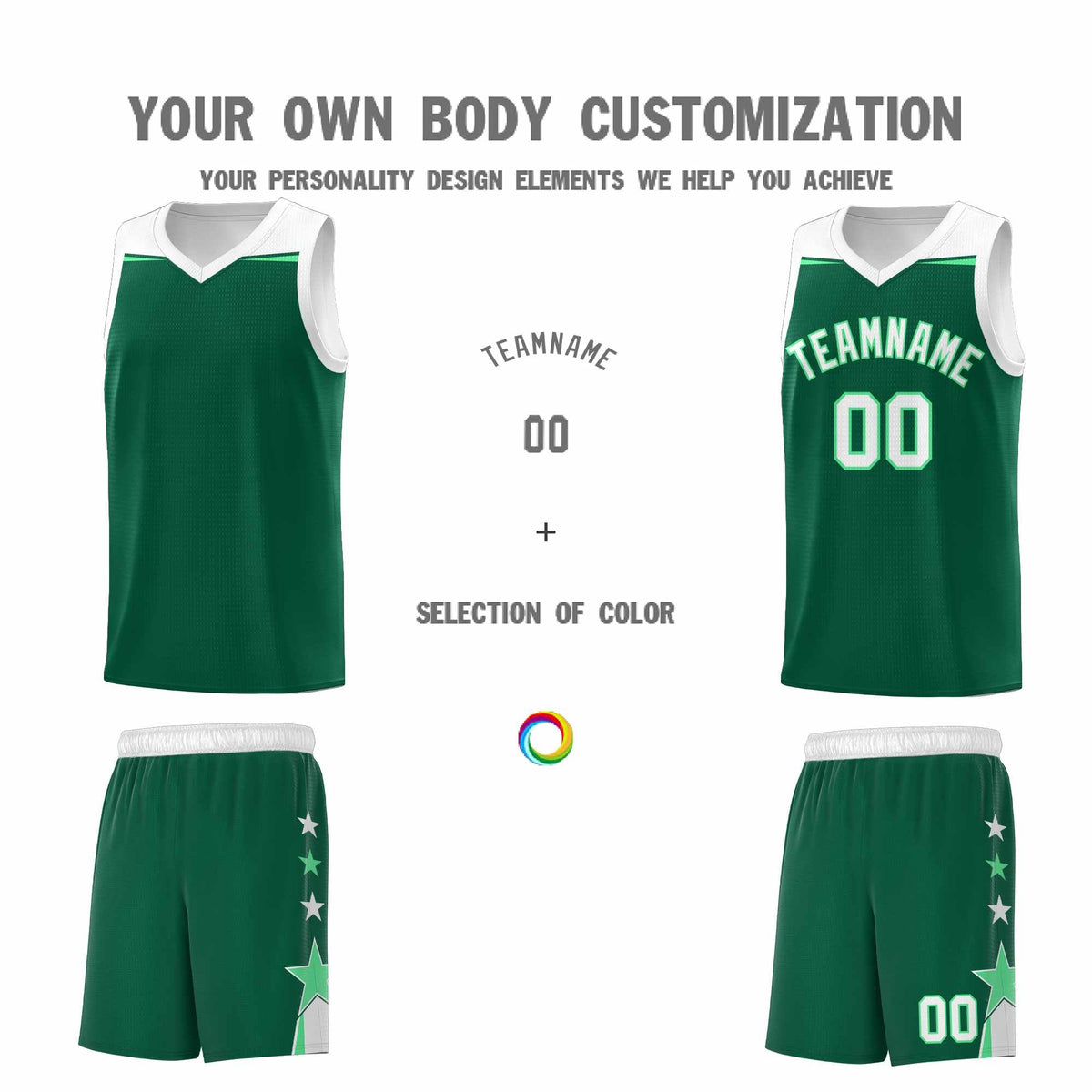 Custom Youth Basketball Uniform Kelly Green White Two Tone Side Star Personalized Team Jersey
