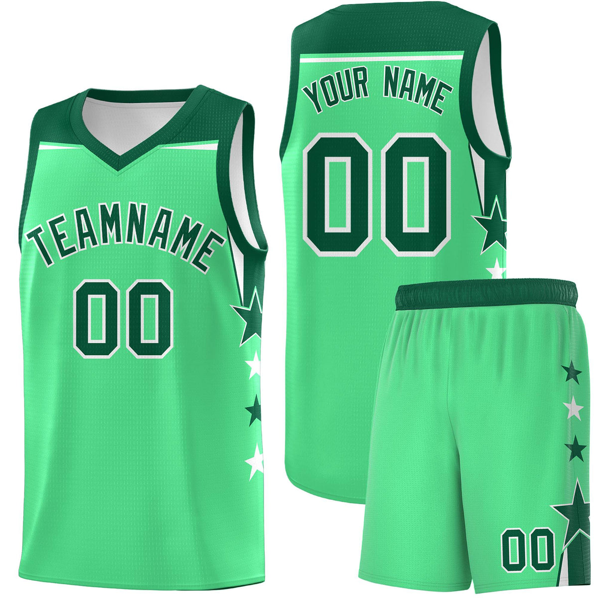 Custom Youth Basketball Uniform Green Kelly Green Two Tone Side Star Color Block Team Jersey