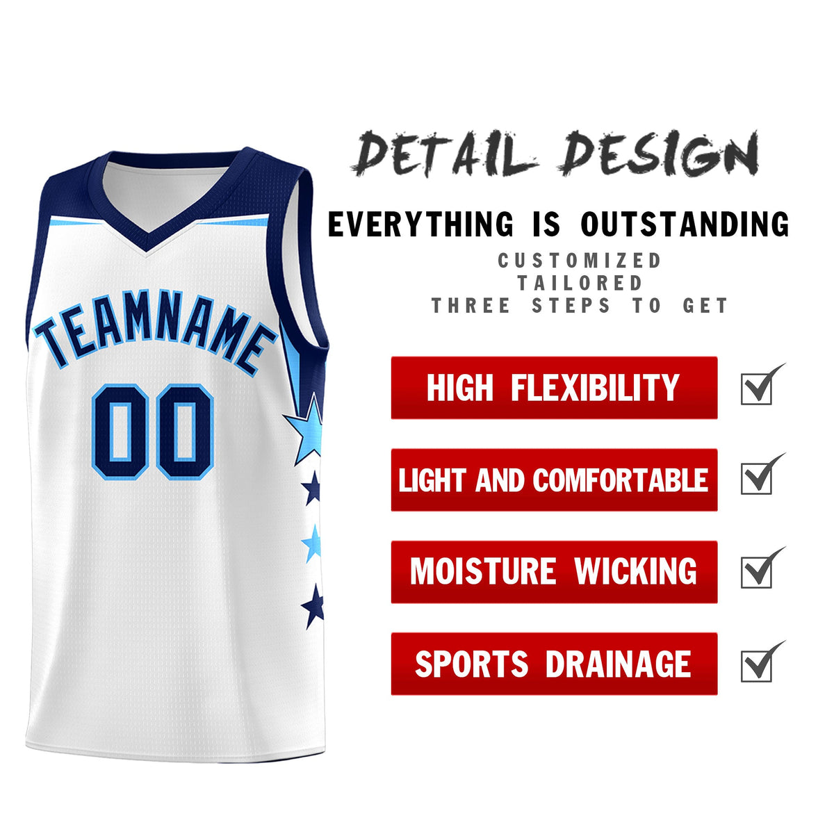 Custom Youth Basketball Uniform White Navy Two Tone Side Star Add Name Number & Logo