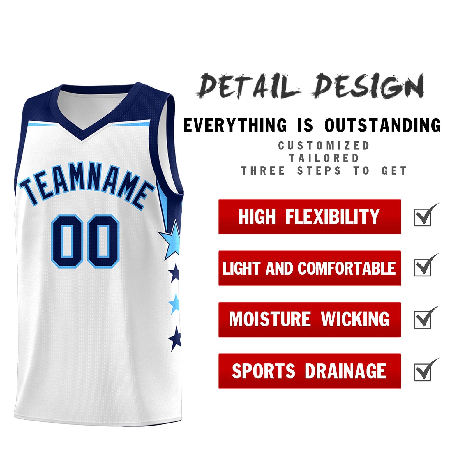 Custom Youth Basketball Uniform White Navy Two Tone Side Star Add Name Number & Logo
