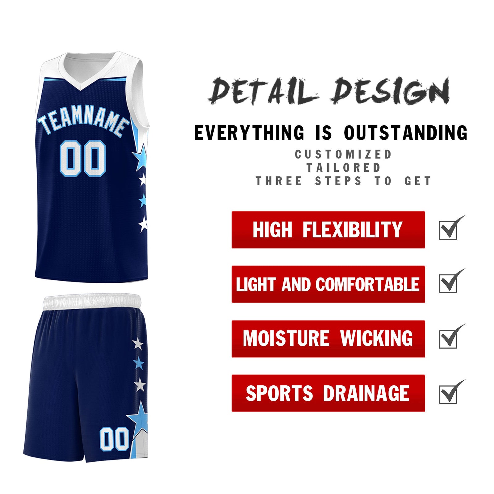 Custom Youth Basketball Uniform Navy White Two Tone Side Star Personalized Team Jersey