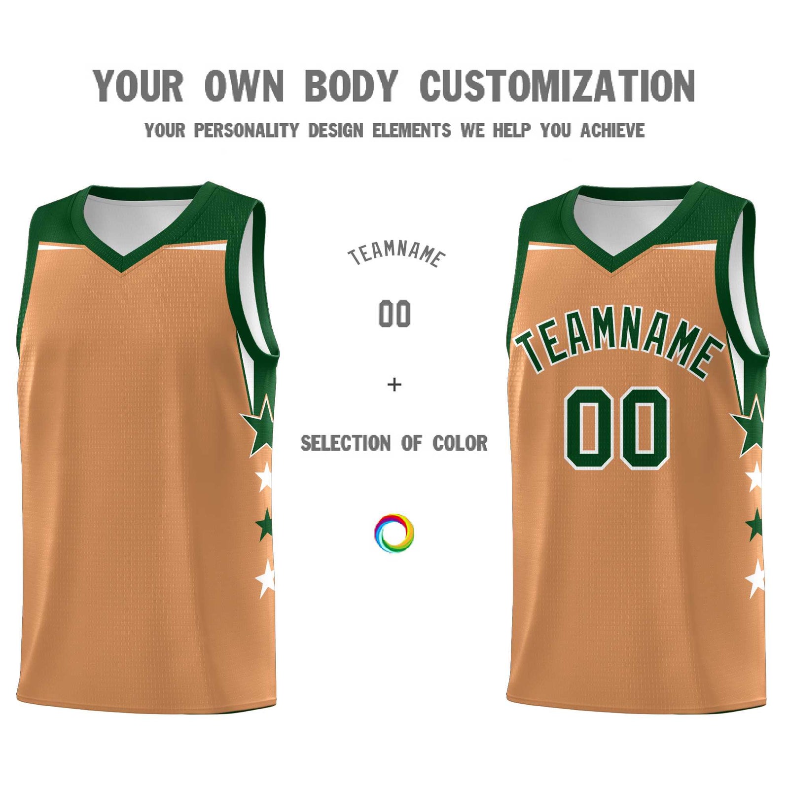 Custom Youth Basketball Uniform Buckskin Brown Green Two Tone Side Star Color Block Team Jersey