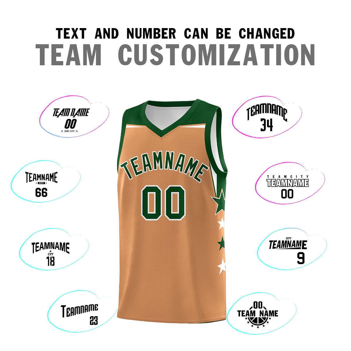 Custom Youth Basketball Uniform Buckskin Brown Green Two Tone Side Star Color Block Team Jersey