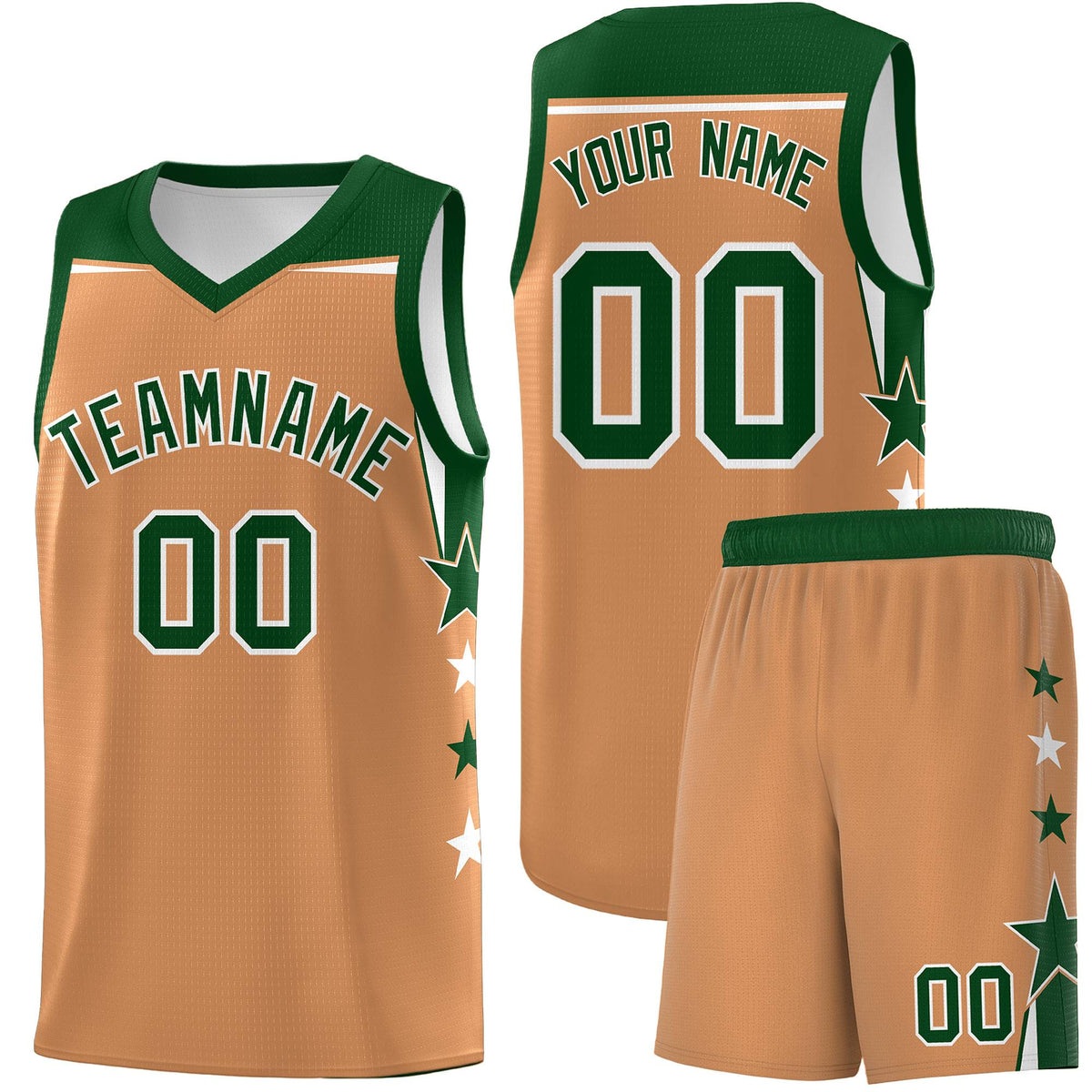 Custom Youth Basketball Uniform Buckskin Brown Green Two Tone Side Star Color Block Team Jersey