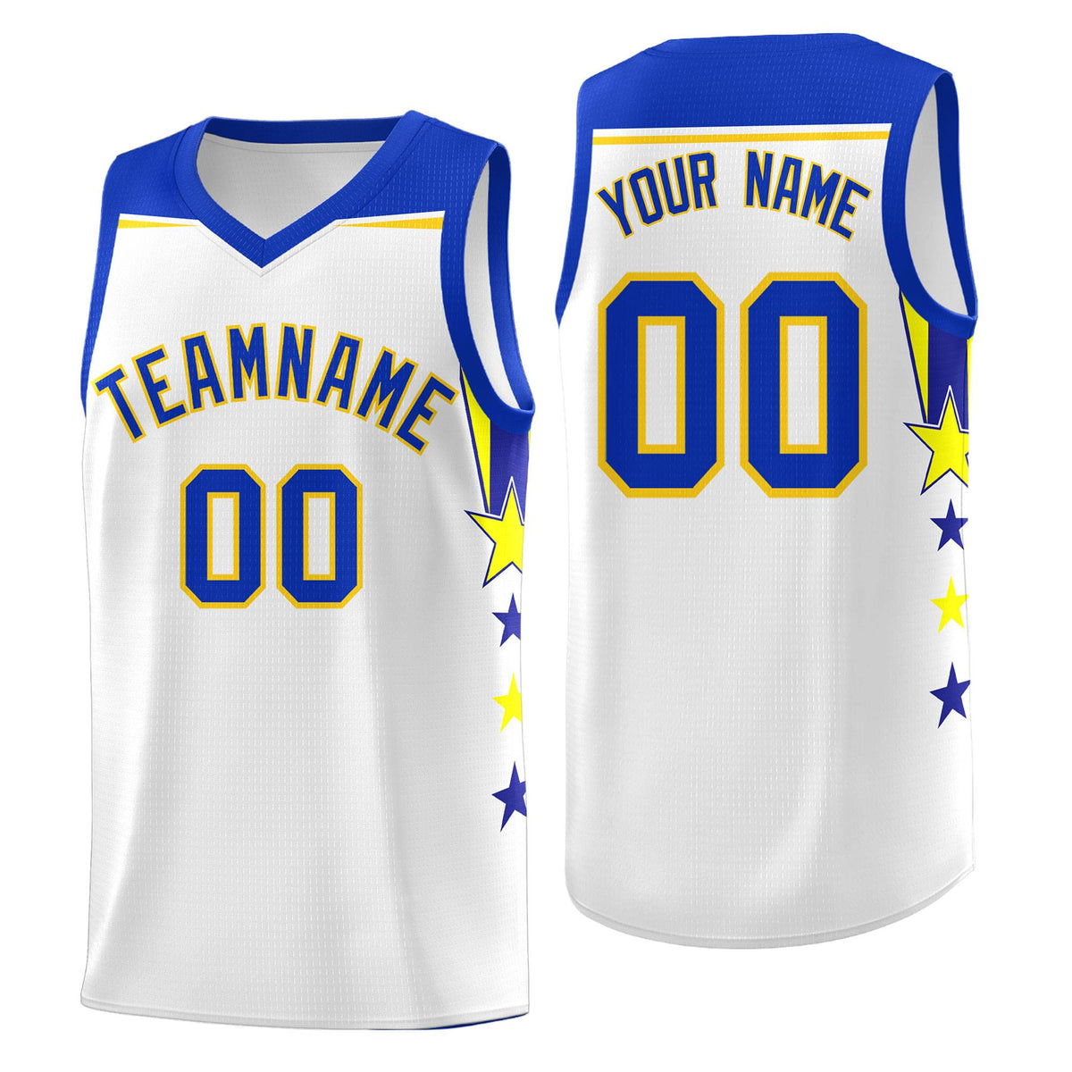 Custom Youth Basketball Uniform White Royal Two Tone Side Star Add Name Number & Logo