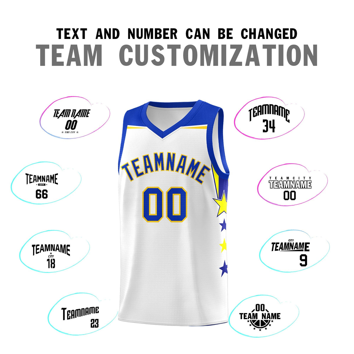 Custom Youth Basketball Uniform White Royal Two Tone Side Star Add Name Number & Logo