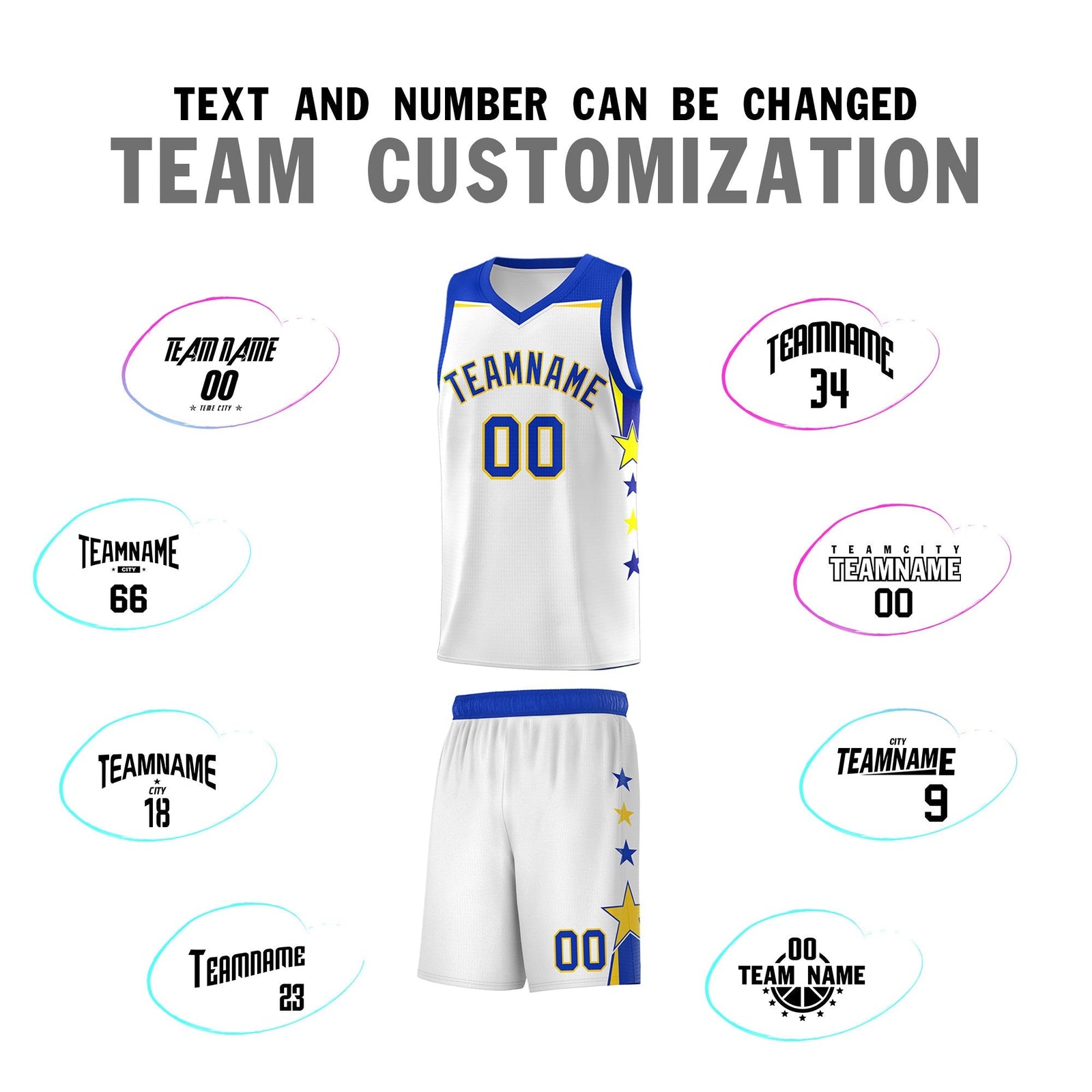 Custom Youth Basketball Uniform White Royal Two Tone Side Star Add Name Number & Logo