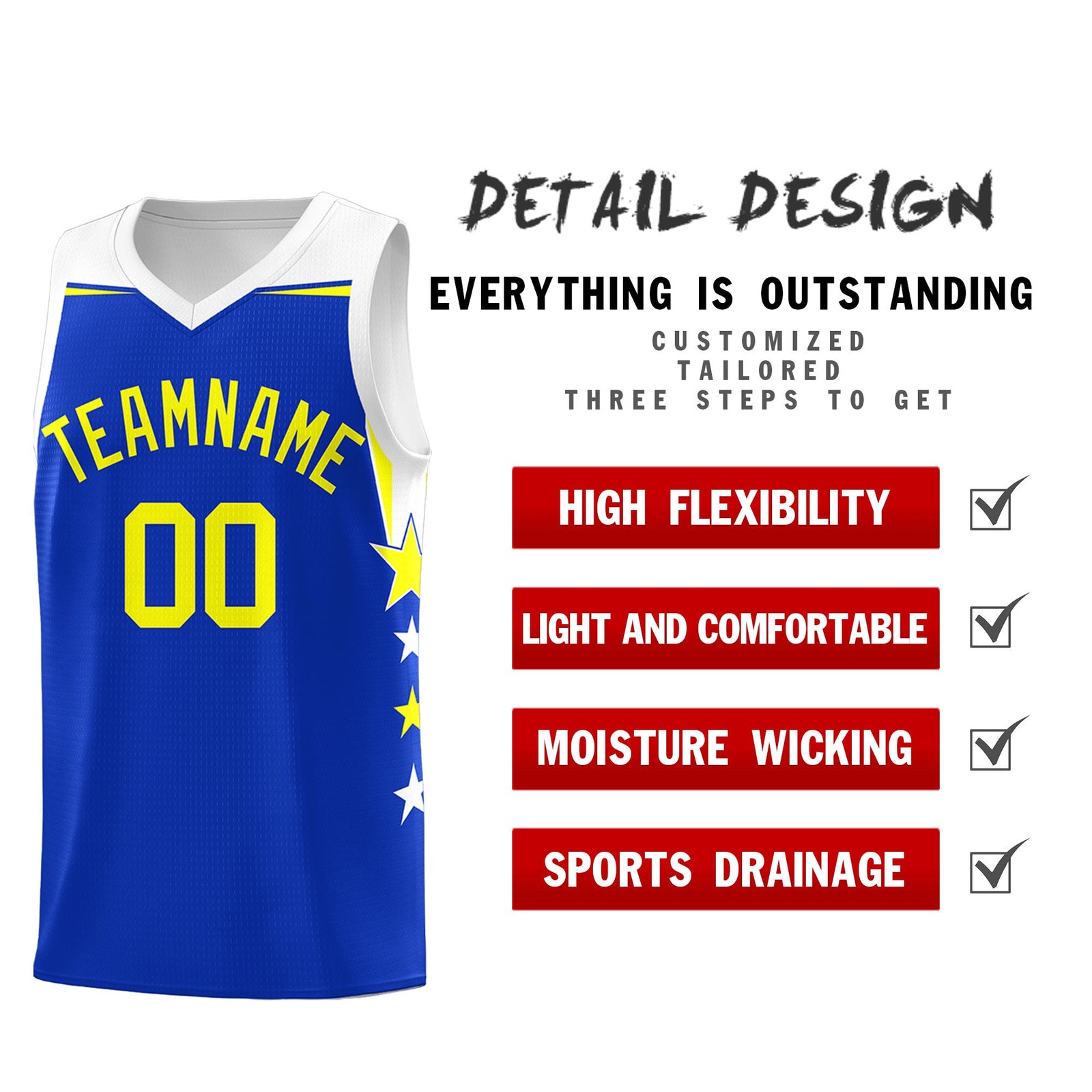 Custom Youth Basketball Uniform Royal White Two Tone Side Star Personalized Team Jersey