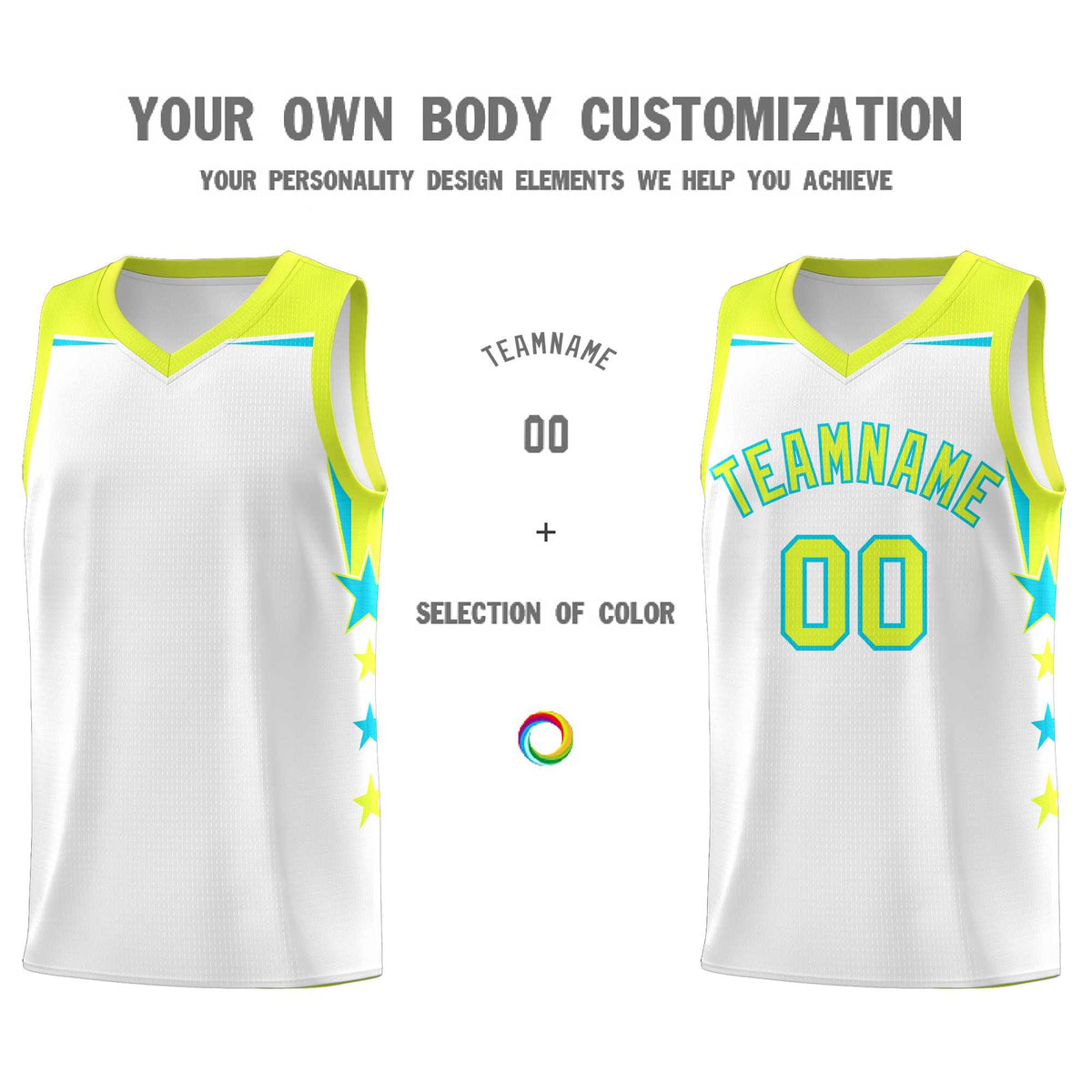 Custom Youth Basketball Uniform White Fluorescent Green Two Tone Side Star Add Name Number & Logo