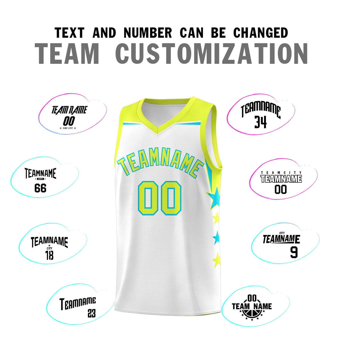 Custom Youth Basketball Uniform White Fluorescent Green Two Tone Side Star Add Name Number & Logo